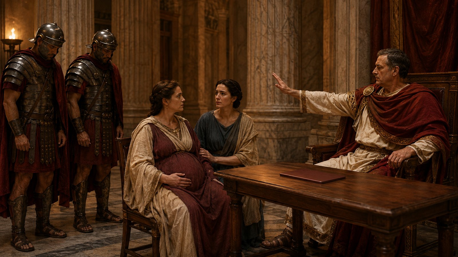 A vertical 4:5 cinematic realistic oil-painting of a pregnant woman in a restrained Roman judicial chamber as a magistrate lowers a sealed but completely blank wax tablet and attendants pause at a doorway, solemn nonviolent scene, historically plausible late imperial clothing and architecture, no execution shown, no readable text, letters, numerals, logos, signatures or watermark.