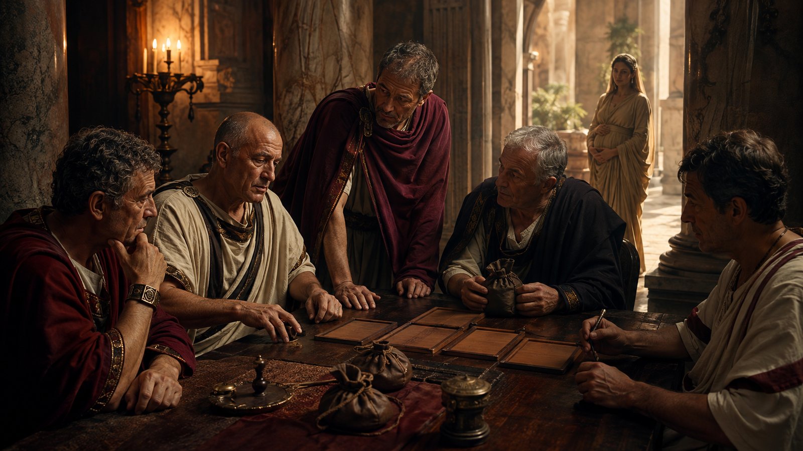 A wide 16:9 cinematic realistic oil-painting of a Roman legal chamber at the instant proceedings pause, a pregnant woman seated safely with a female attendant while a magistrate gestures for guards to step back, plain blank wax tablets on a table, restrained human drama, no violence, no readable text, letters, numerals, logos, signatures or watermark.