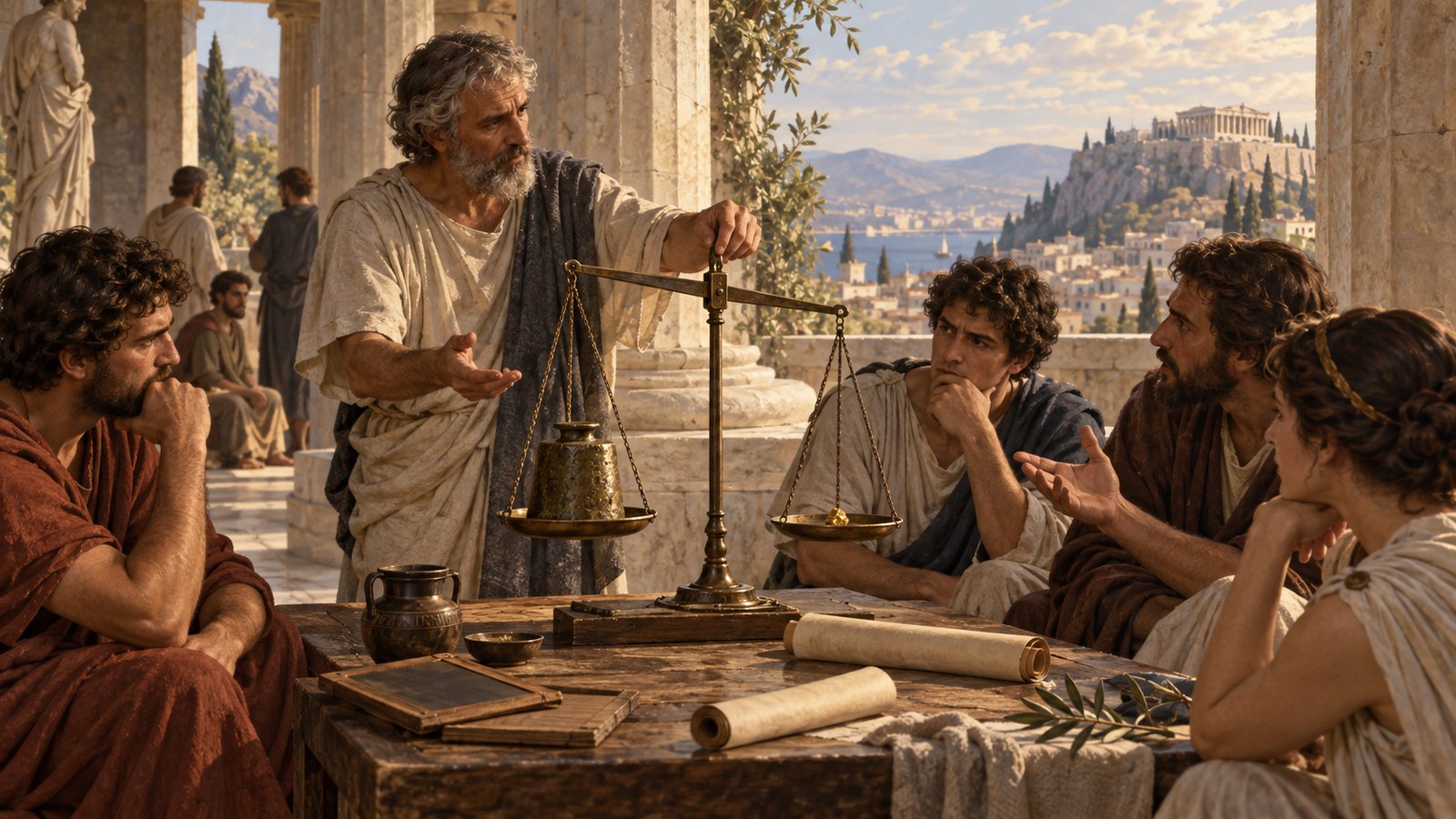Theophrastus compared competing duties by weight, arguing that a large benefit to a friend could outweigh a small loss of honour just as much bronze could outweigh a fragment of gold.