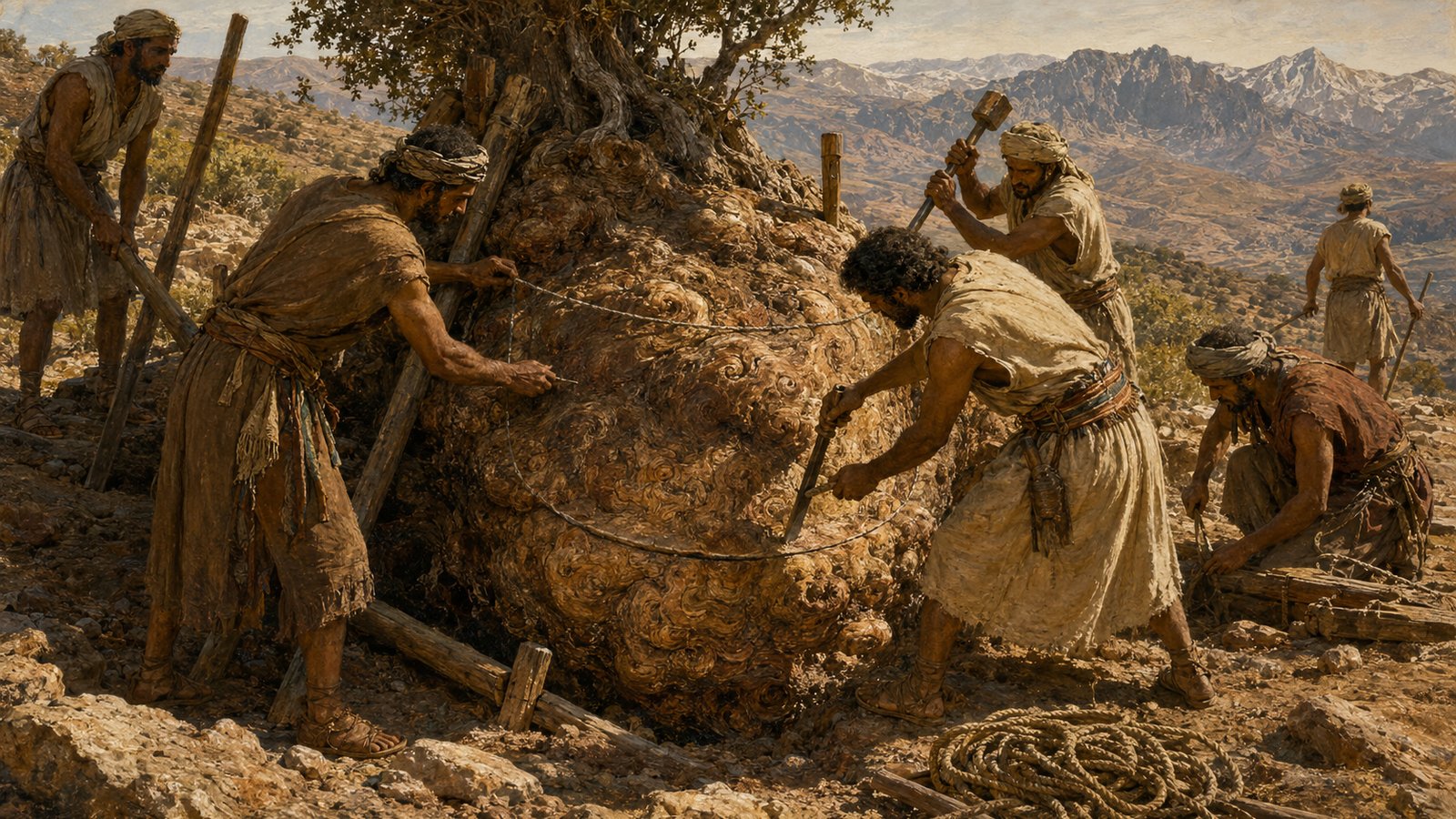 A vertical 4:5 cinematic realistic oil-painting of an elite late Republican Roman examining a magnificent round Mauretanian citrus-wood table, the polished surface showing dramatic natural tiger-like waves and spirals, carpenters and a merchant nearby with plain unmarked wax tablets, historically plausible workshop courtyard, no readable text, letters, numerals, logos, signatures or watermark.