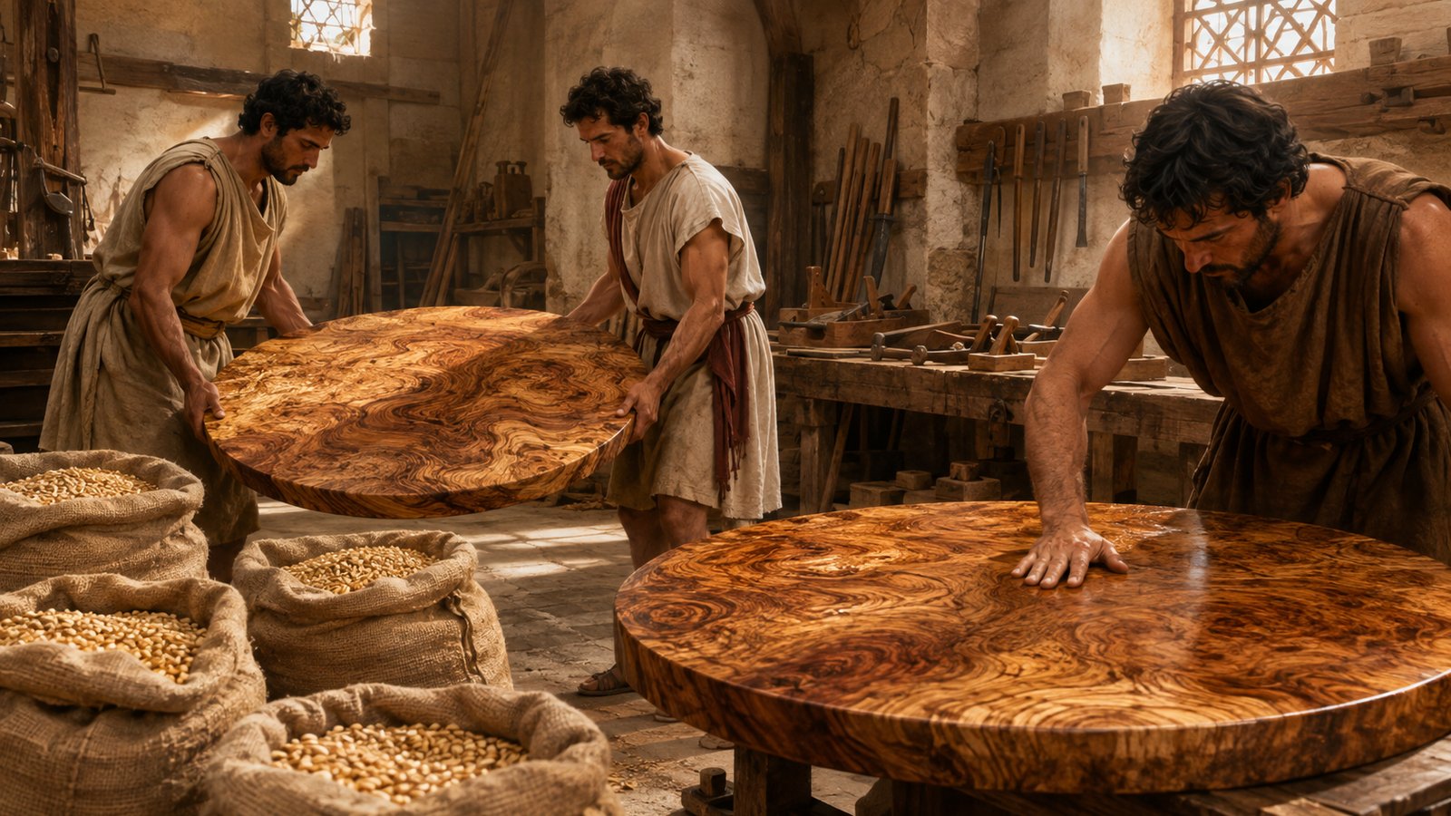 A wide 16:9 cinematic realistic oil-painting of ancient Mauretanian woodworkers exposing a large knotted root excrescence of a citrus tree on a dry mountain slope, measuring a circular slab before transport, believable hand tools and timber structure, no modern sawmill, no readable text, letters, numerals, logos, signatures or watermark.