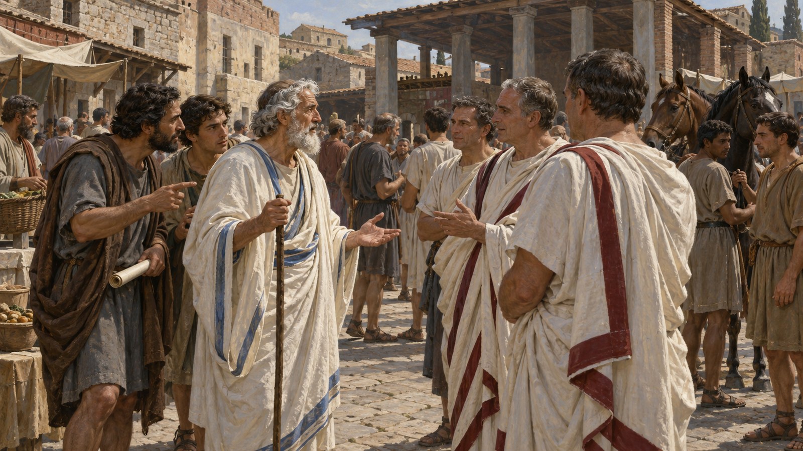 A vertical 4:5 cinematic realistic oil-painting of Cineas, an elderly Greek diplomat in plain Hellenistic robes, arriving at Republican Rome and calmly greeting several Roman senators and equestrians individually in a sunlit forum portico, varied anonymous faces, historically plausible, no text, lettering, numerals, logos, signatures or watermark.