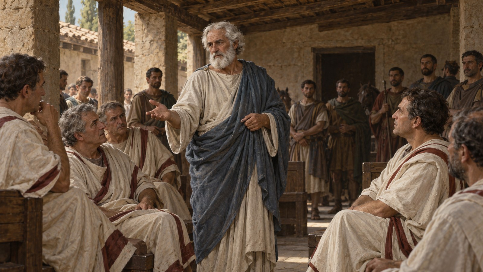 A wide 16:9 cinematic realistic oil-painting of a foreign Greek ambassador moving through a crowded early Republican Roman forum, studying and greeting senators in white-bordered togas and equestrians beside plain horses, attendants introducing people, architecture historically restrained, no text, lettering, numerals, logos, signatures or watermark.