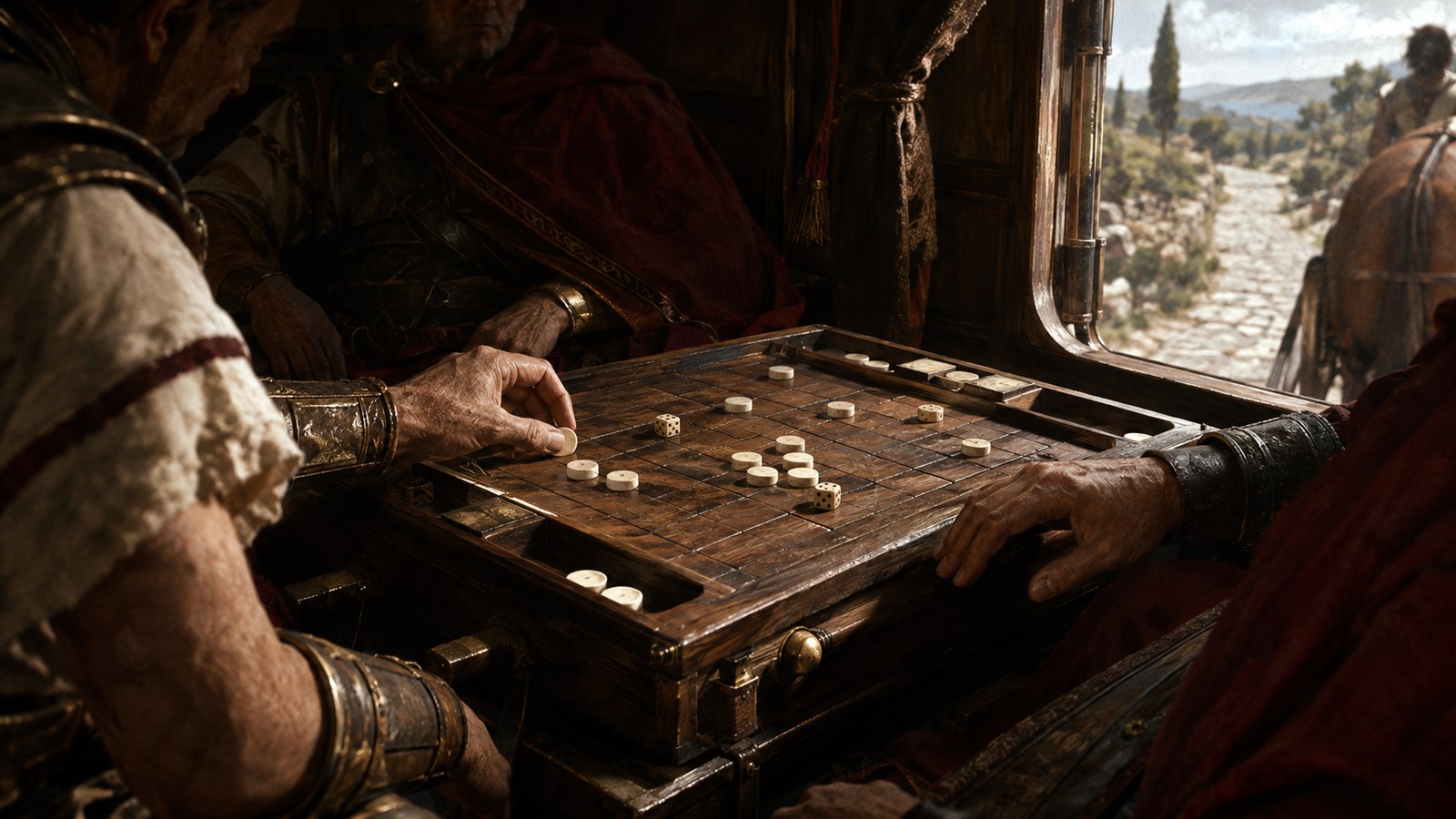 A vertical 4:5 cinematic realistic oil-painting of the Roman emperor Claudius seen in thoughtful three-quarter profile inside a moving covered carriage, generic non-identifiable historical face, playing dice on a cleverly fitted wooden board with raised rims and recessed spaces, attendants and a Roman road beyond, muted earth tones and deep red cloth, no text, lettering, numerals, logos, signatures or watermark.