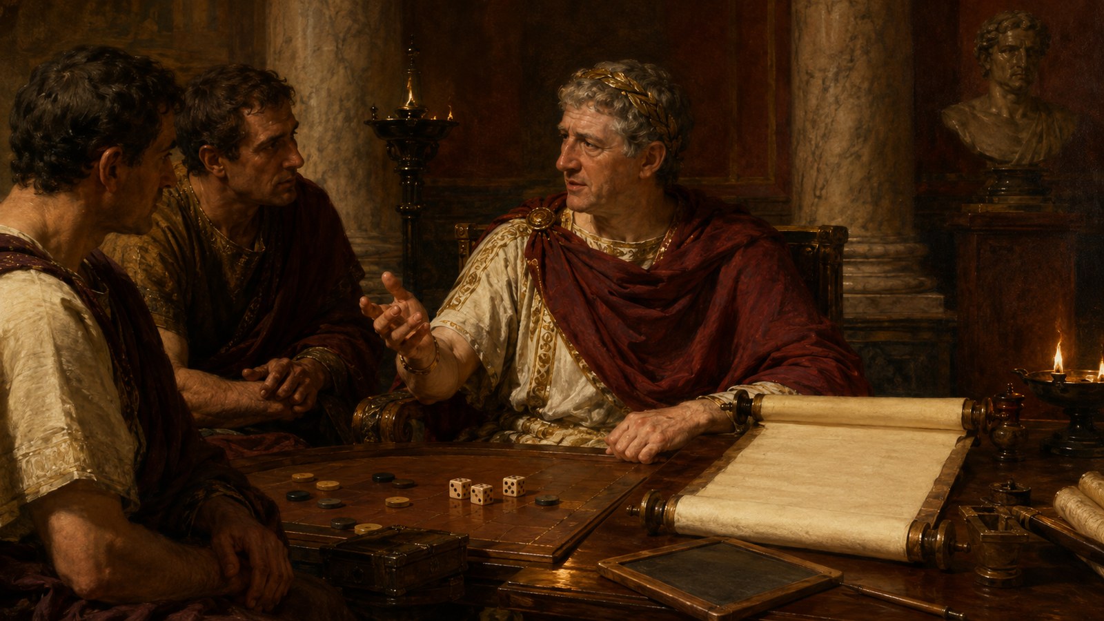 A wide 16:9 cinematic realistic oil-painting inside a Roman imperial carriage, a stable wooden gaming board fitted across the cabin with shallow raised edges, bone dice and plain counters staying in place while wheels cross a rough stone road, hands visible but faces secondary, no text, lettering, numerals, logos, signatures or watermark.