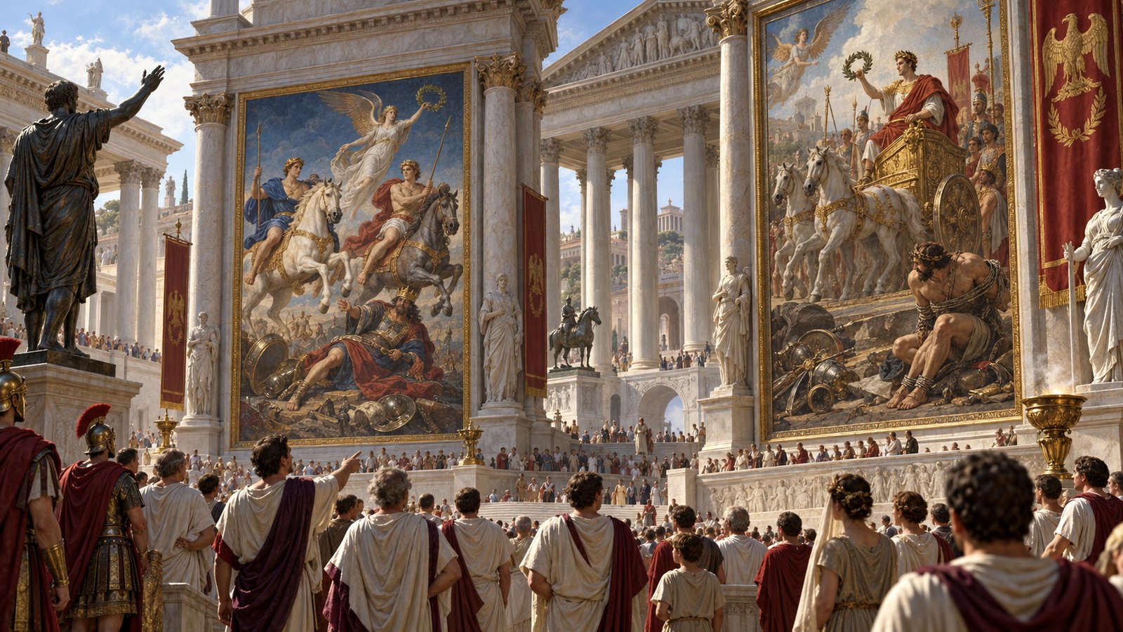 Augustus placed two works associated with Apelles in heavily visited parts of his forum, turning inherited Greek painting into Roman public display.