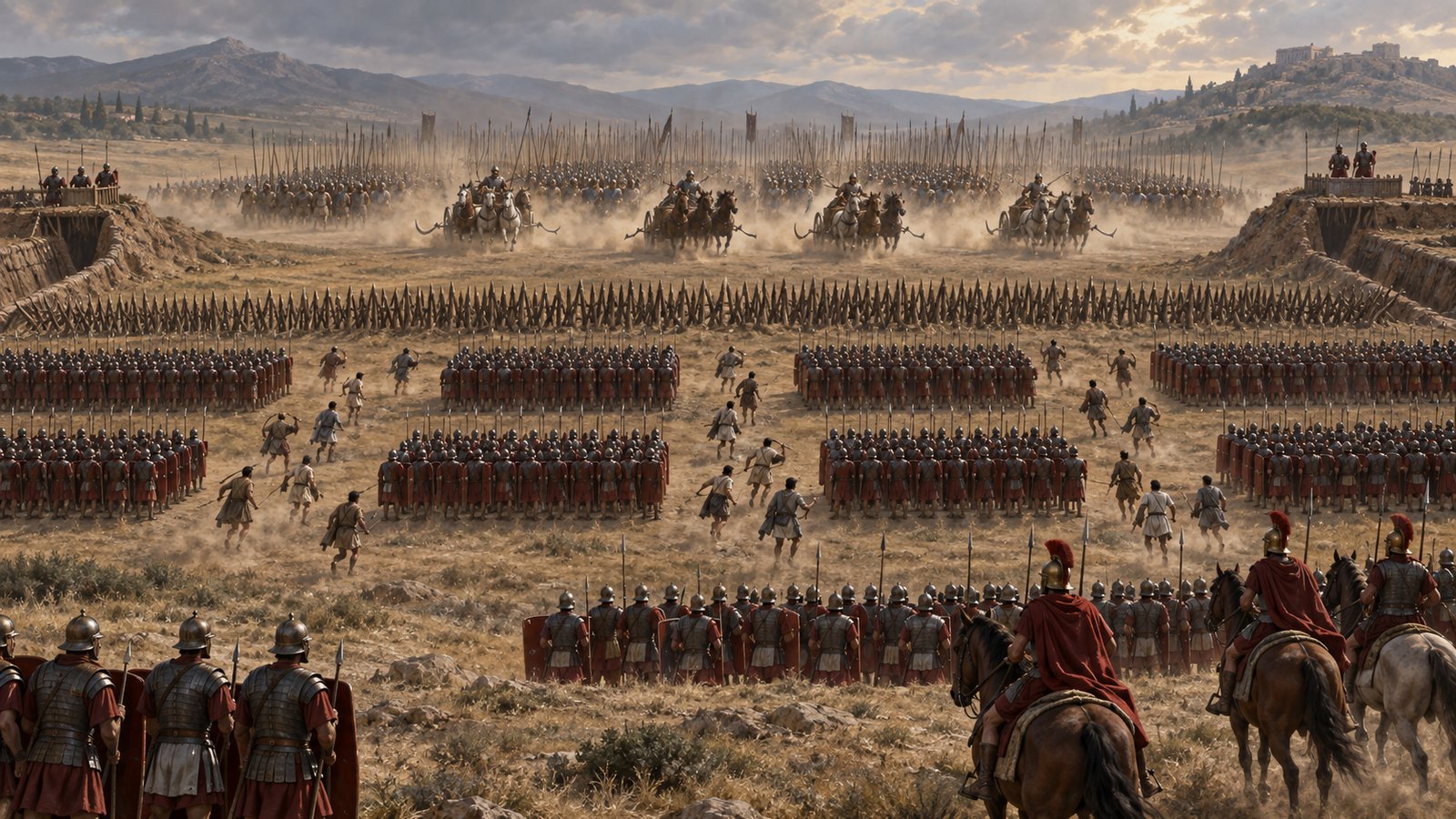 Frontinus says Sulla combined broad flank trenches and redoubts with a triple infantry line whose intervals allowed light troops and cavalry to move as needed.