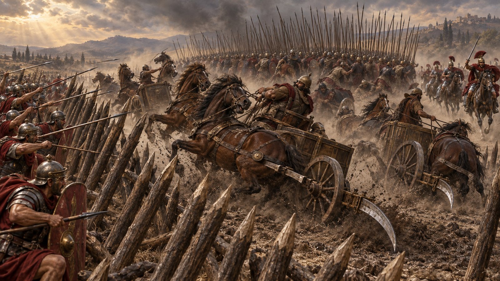 When the chariots approached, the front line withdrew within close-set stakes; shouting skirmishers and thrown spears helped force the vehicles back into the Macedonian formation.