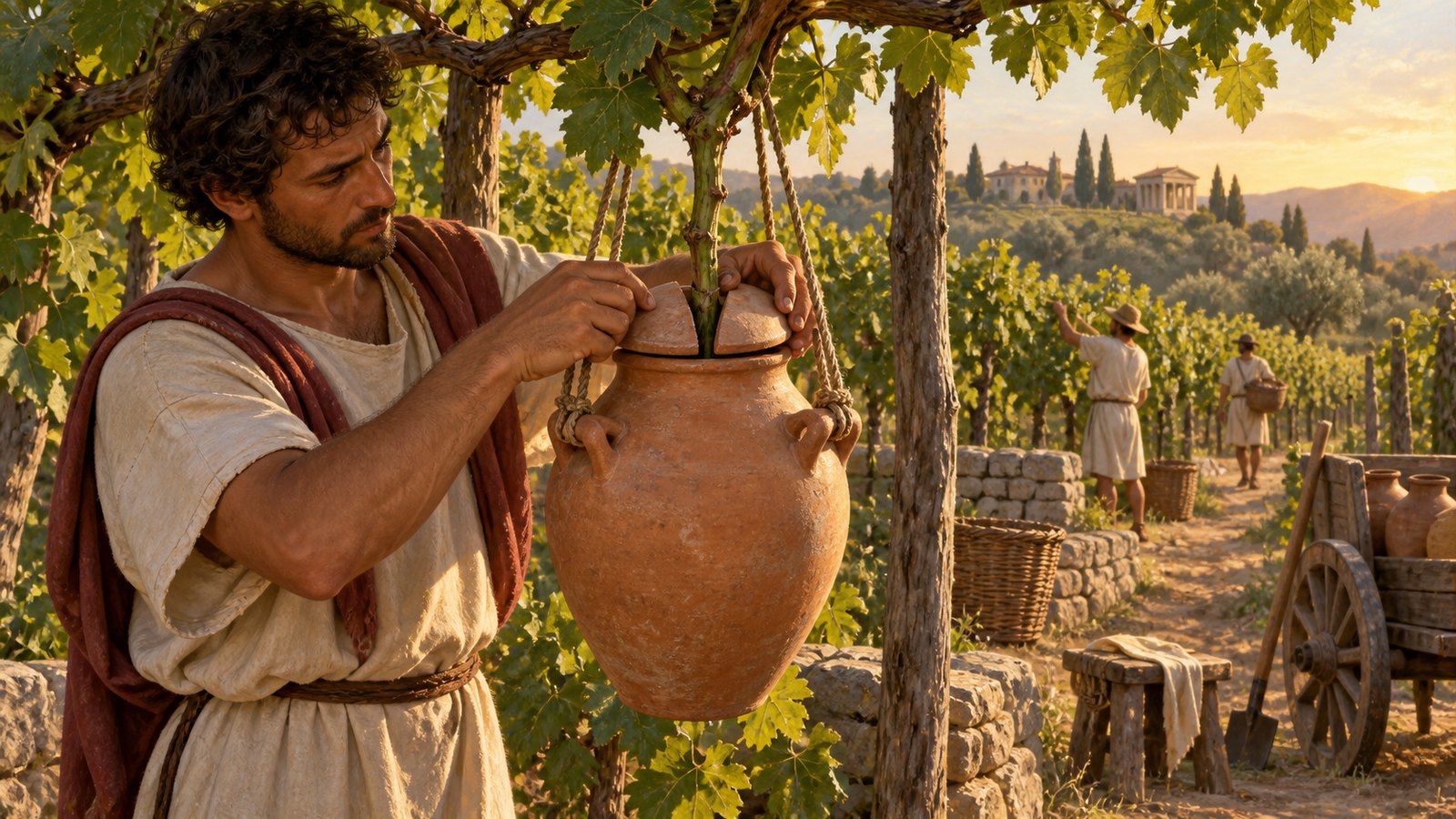 A vertical 4:5 cinematic realistic oil painting of a Roman vineyard worker carefully fastening a small four-handled clay vessel around one living bunch of purple grapes still attached to the vine, two-piece lid open around the stem, historically plausible tools and trellis, warm late-summer light, no text, lettering, numerals, signatures or watermark.