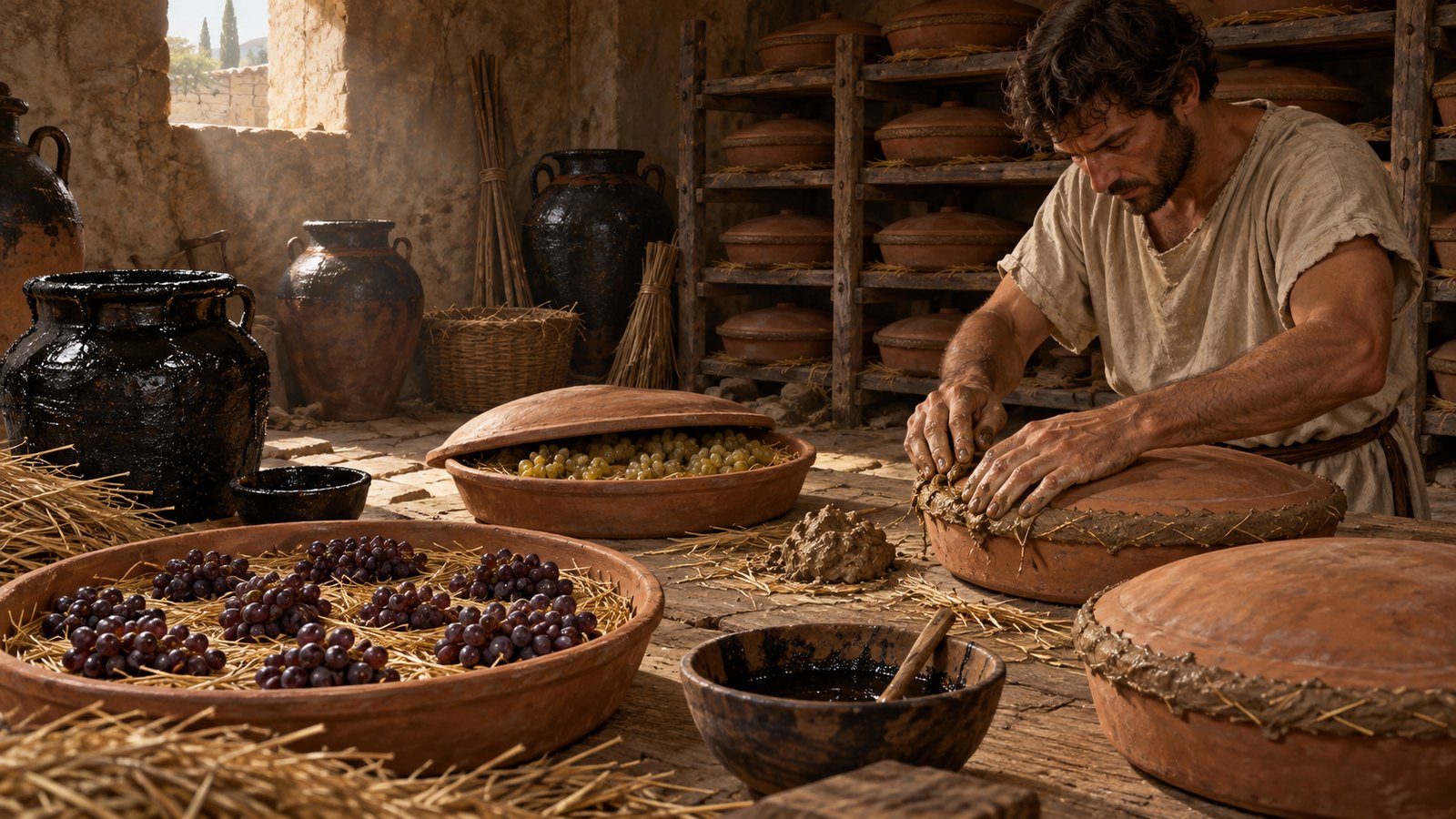 A wide 16:9 cinematic realistic oil painting showing the construction logic of Columella’s grape jar in a Roman vineyard: one clay pot hangs from a vine by cords tied to four handles while a worker brings two fitted lid halves together around the grape stem, fruit suspended free of the vessel walls, no cutaway labels, text, lettering, numerals, signatures or watermark.