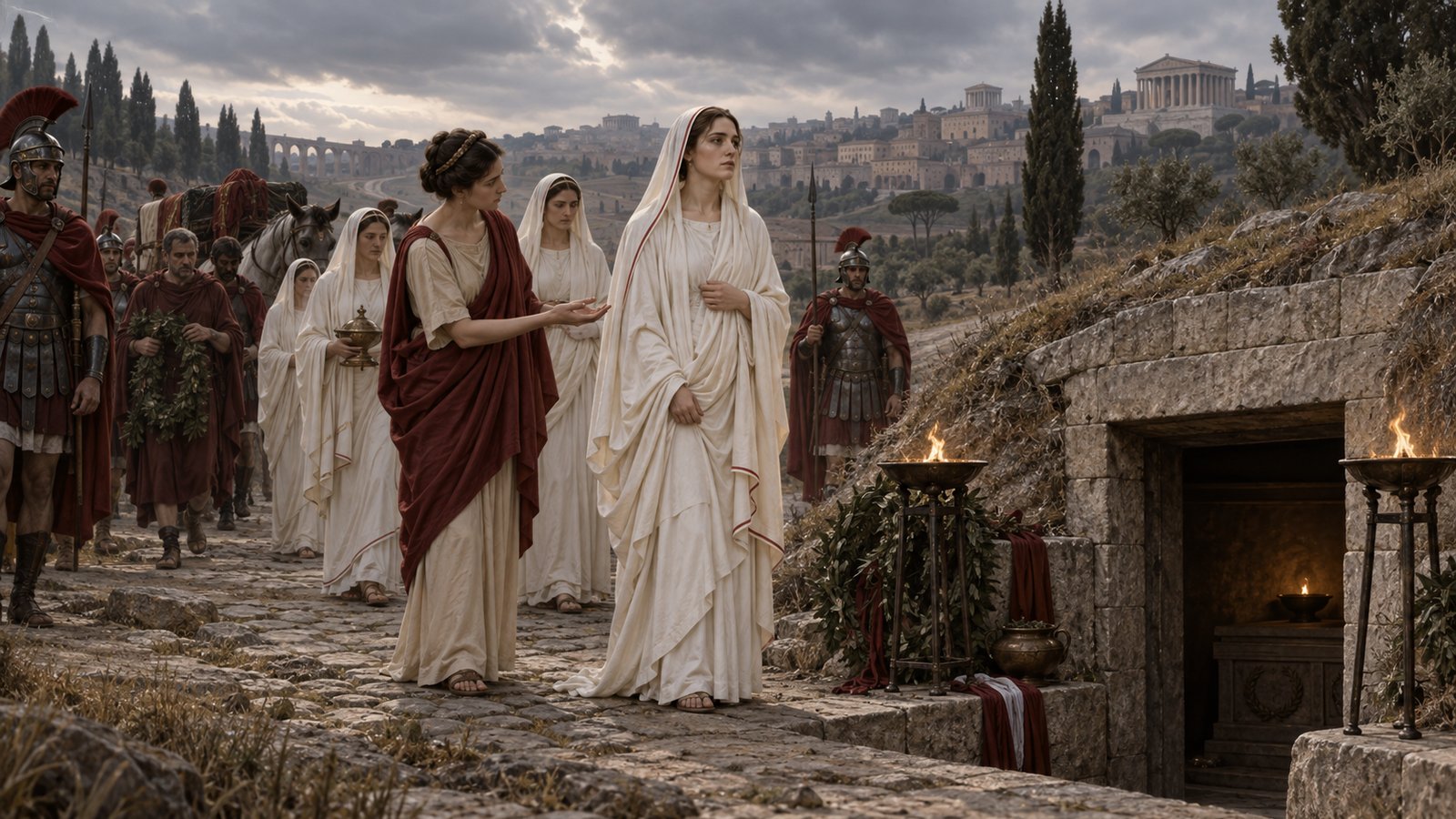A wide 16:9 cinematic realistic oil painting of Roman pontiffs gathered at Domitian’s Alban villa around an empty place where the accused should have stood, the emperor elevated at one end and sealed tablets on a low table, restrained tension, historically plausible late first-century setting, no text, lettering, numerals, insignia, signatures or watermark.