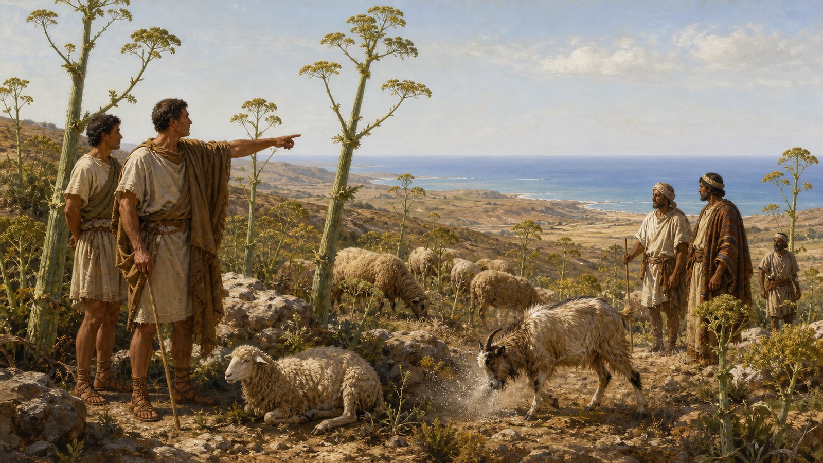 A vertical 4:5 cinematic realistic oil-painting in first-century Roman Cyrenaica: a local harvester carefully presents one tall fennel-like silphium stalk with thick root and parsley-like leaves to an imperial courier beside a dry North African pasture, distant sheep and the blue Mediterranean, dignified documentary mood, historically plausible clothing, no coins or heart symbols, no text, no letters, no inscriptions, no logos, no watermark.