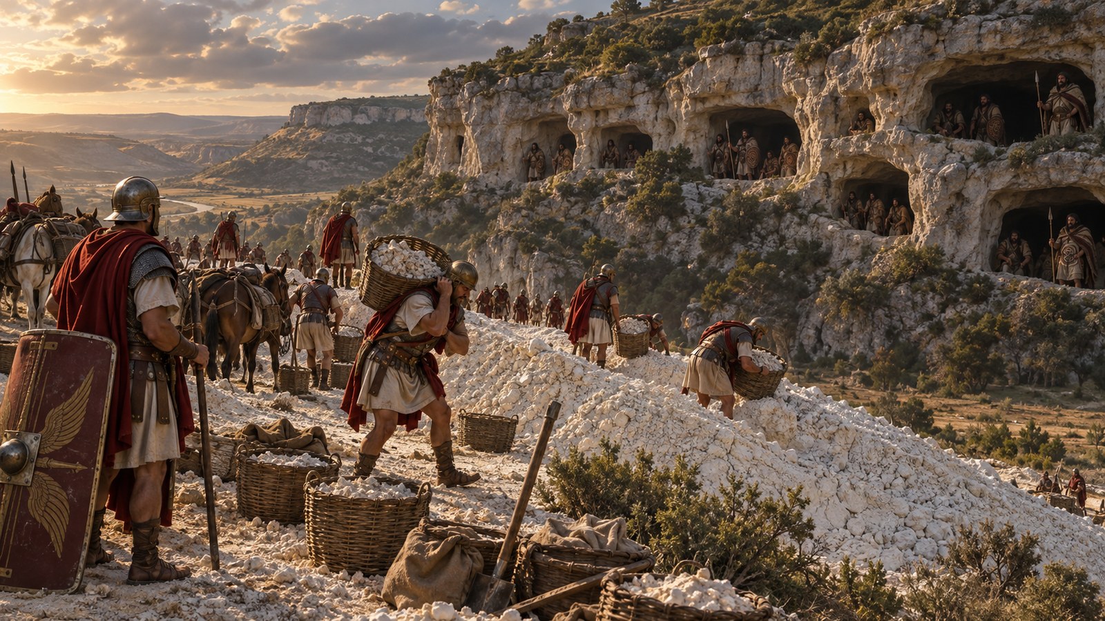 Plutarch says the Characitani sheltered in caves on a high hill beyond the Tagonius, where direct force could not reach them.