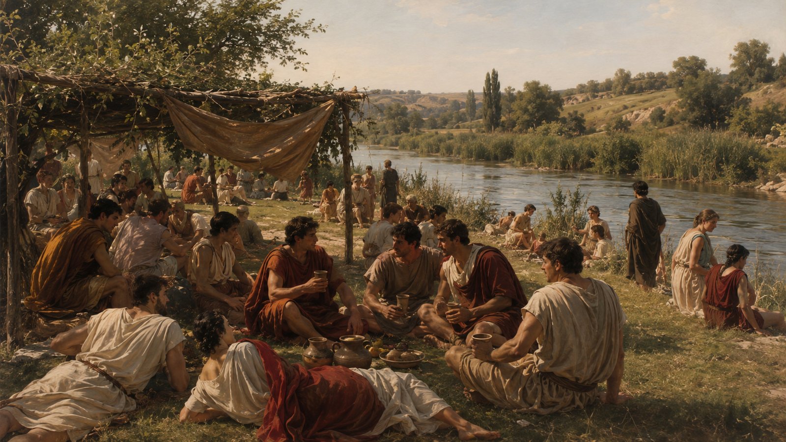 A vertical 4:5 cinematic realistic oil-painting of ordinary Roman couples picnicking on green grass beside the winding Tiber during the Ides of March feast of Anna Perenna, clay cups raised, improvised shelters of reeds, robes and leafy branches, lively but historically plausible, no text, lettering, numerals, logos, signatures or watermark.