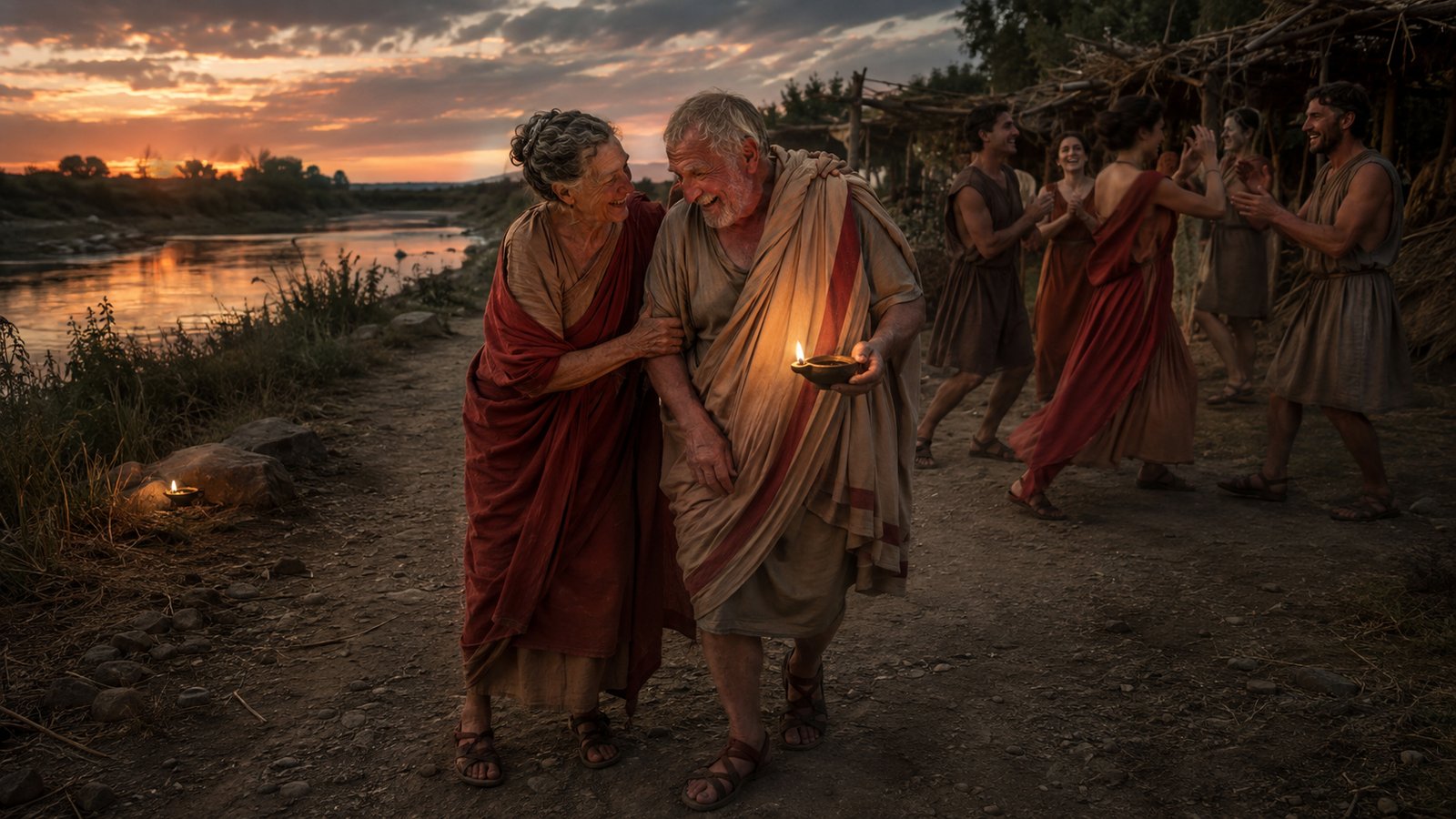 A wide 16:9 cinematic realistic oil-painting of a sprawling Roman popular festival beside the Tiber, small groups reclining on grass, clay wine cups being counted with pebbles, leafy huts and reed supports draped with plain cloth, spring sunlight and convivial movement, no text, lettering, numerals, logos, signatures or watermark.