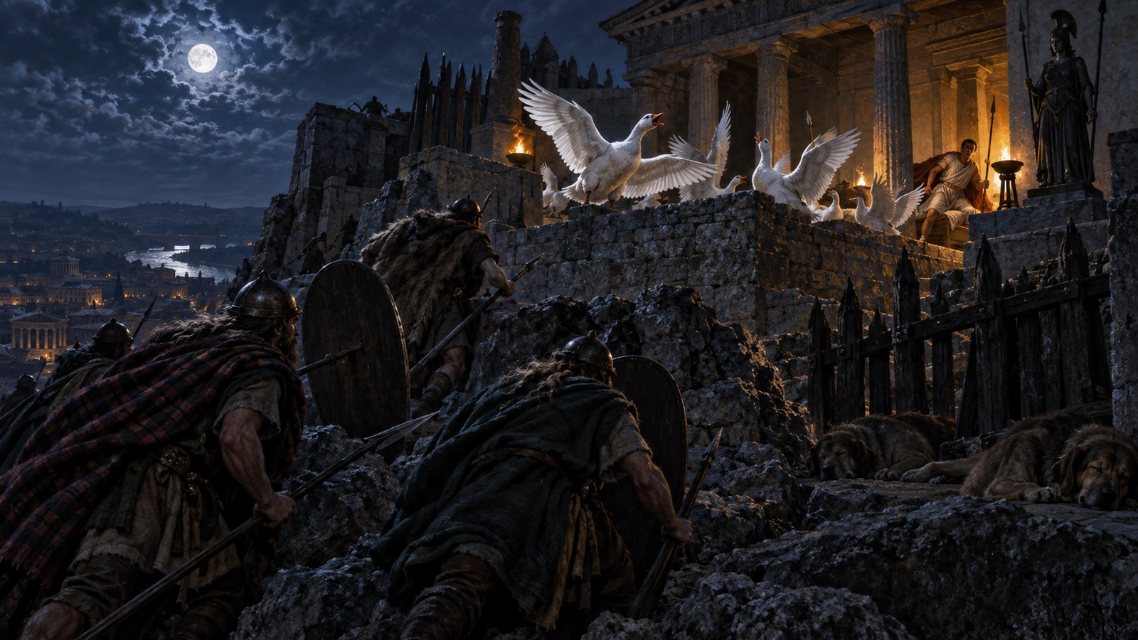 A vertical 4:5 cinematic realistic oil painting of an ancient Roman ritual procession at dawn, sacred white geese carried high in an ornate but unlettered litter while handlers lead solemn watchdogs below, the Capitoline hill and two small temples in the distance, citizens remember an old night alarm, historically plausible clothing, emotionally serious, no injury or cruelty shown, no readable text, letters, numerals, emblems, signatures or watermark.