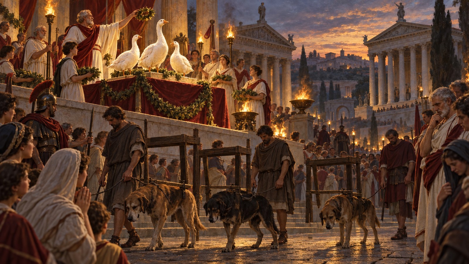 A wide 16:9 cinematic realistic oil painting of the moonlit Gallic ascent of Rome’s rocky Capitol, silent generic ancient warriors climb in deep shadow while sleeping watchdogs fail to stir and sacred geese suddenly spread their wings and cry from a temple enclosure, Marcus Manlius waking in the distance, no gore, no readable text, letters, numerals, emblems, signatures or watermark.