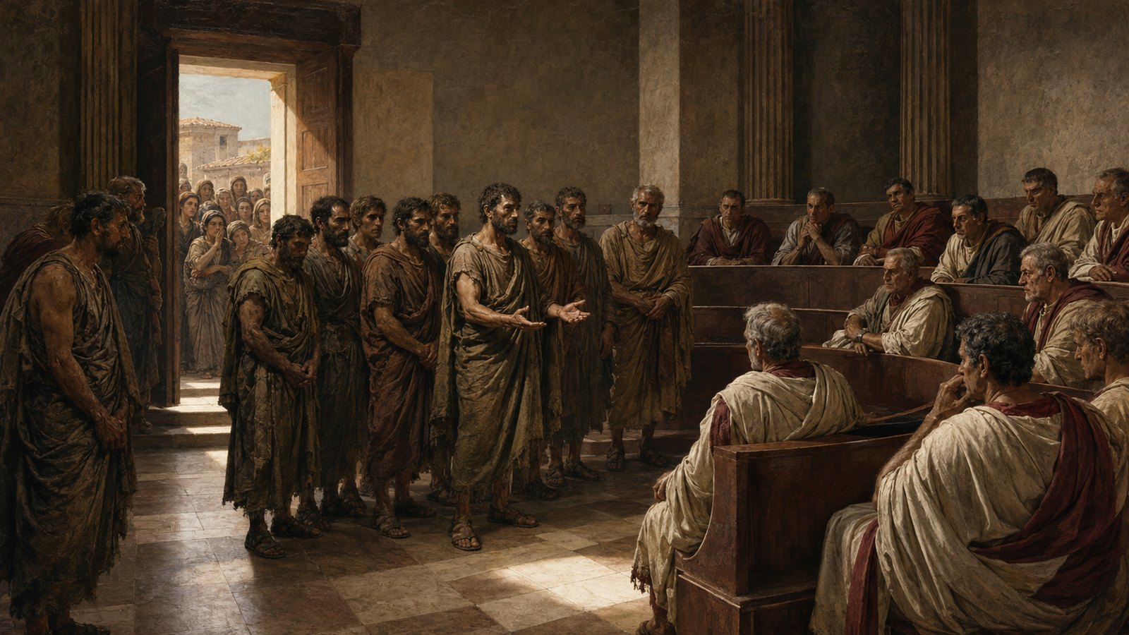 A vertical 4:5 cinematic realistic oil-painting of eight unarmed Roman prisoners leaving the gates of Rome at dawn and walking back toward a distant Carthaginian camp after Cannae, grieving families behind them, solemn resolve, no battle, readable standards, text, logos or watermark.