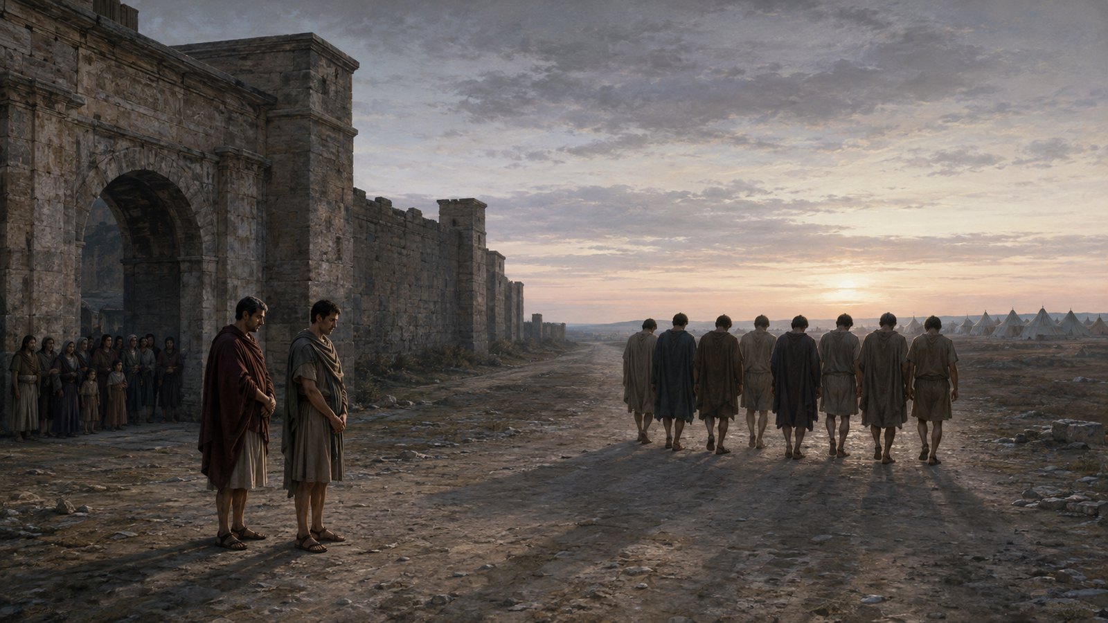 A wide 16:9 Roman Senate chamber where ten weary prisoner-envoys deliver Hannibal’s exchange proposal while senators listen sternly and anxious families wait beyond the doorway, blank tablets and walls, no readable text, logos or watermark.