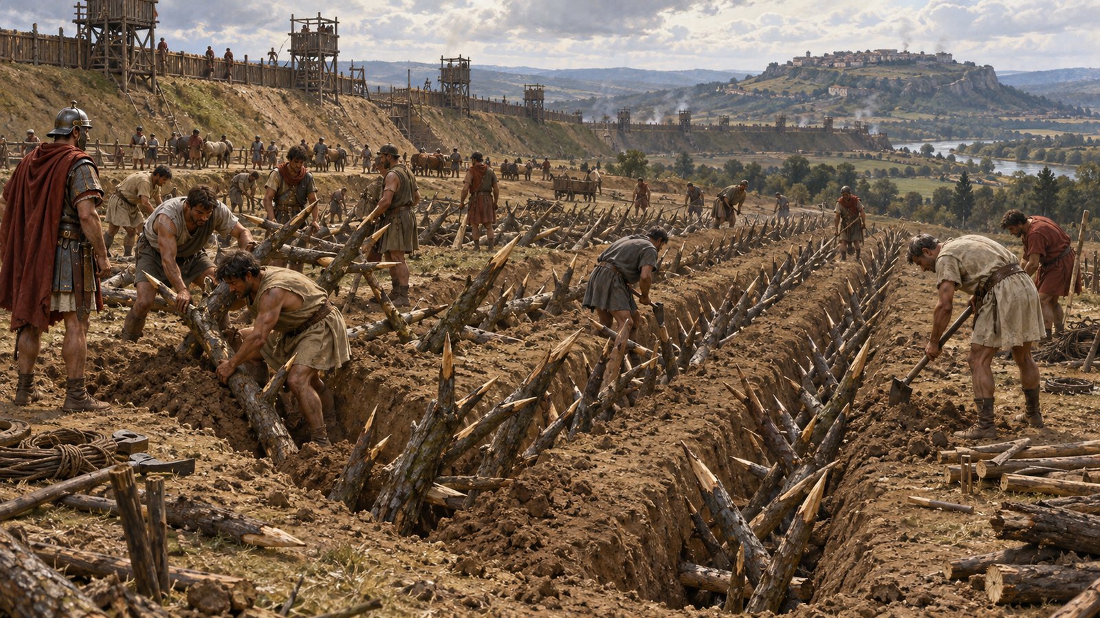 A vertical 4:5 cinematic realistic oil painting of Roman legionary engineers constructing concealed defenses outside Alesia in 52 BC, one soldier measuring rows while others lower sharpened fire-hardened stakes into narrow tapered pits, earthworks and a timber rampart behind them, historically plausible tools and generic equipment, no active battle, no text, lettering, numerals, symbols, signatures or watermark.