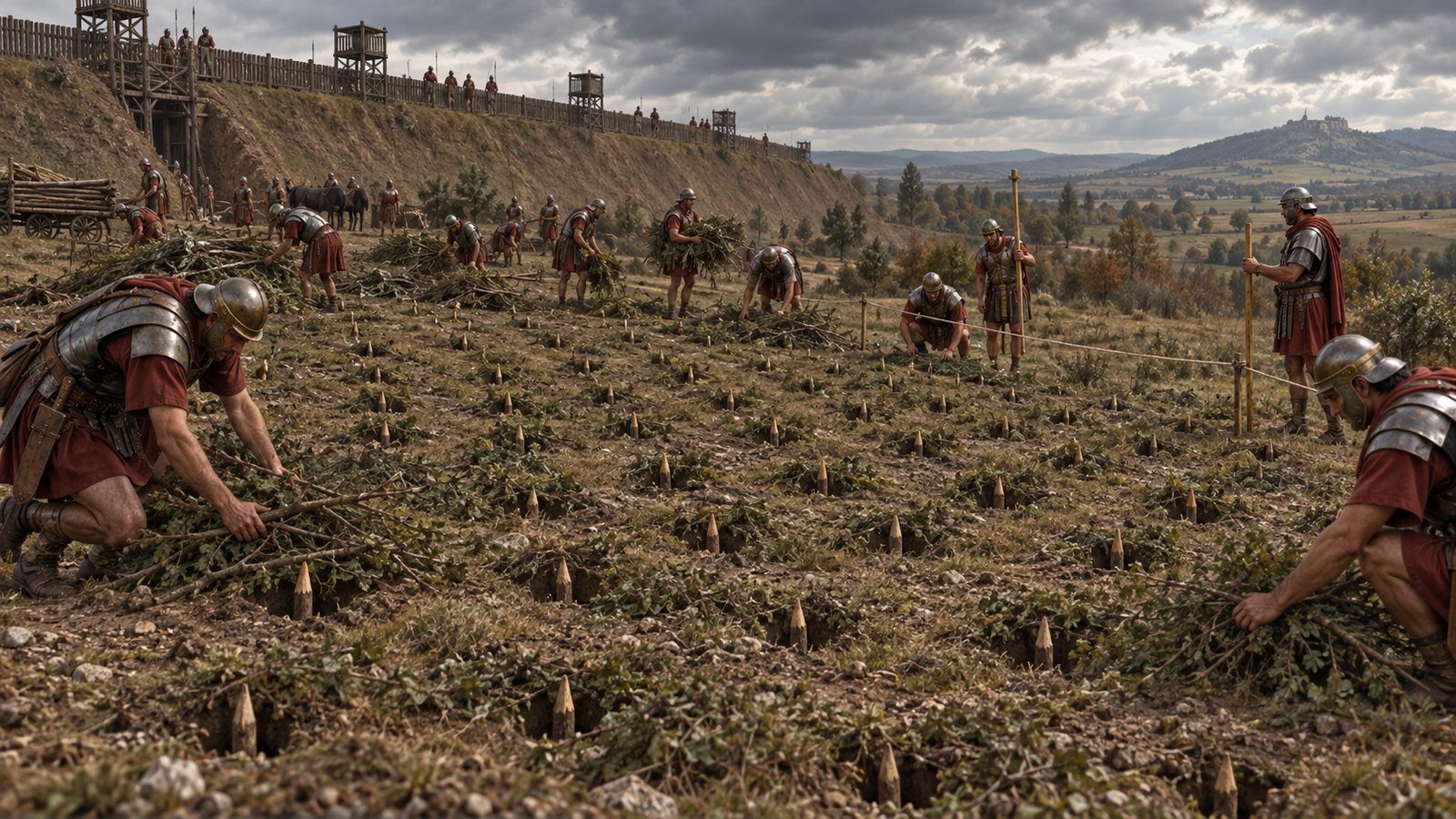 A wide 16:9 cinematic realistic oil painting showing a cutaway-like but fully realistic ground-level scene of Roman engineers outside Alesia placing branching tree trunks into five orderly trenches, sharpened branches projecting upward while packed earth conceals the bases, timber rampart in the distance, historically plausible late Republican equipment, no text, lettering, numerals, symbols, signatures or watermark.
