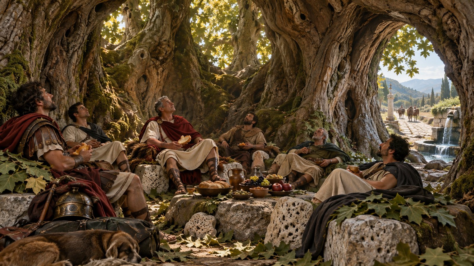 A vertical 4:5 cinematic realistic oil painting of an immense ancient Lycian plane tree beside a cool stone fountain and road, its vast hollow trunk opening like a natural chamber; inside, Roman statesman Licinius Mucianus and eighteen adult attendants recline and sit at a modest banquet on abundant green leaves around a low table, mossy stone and pale pumice seats visible, rain falling beyond the canopy but guests dry, historically plausible first-century clothing, no text, letters, numerals, symbols, signatures or watermark.