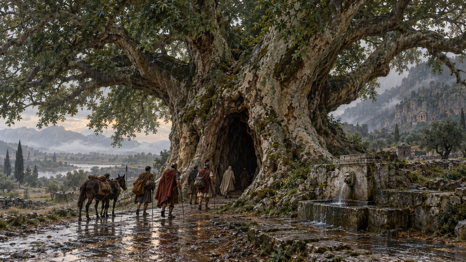 A wide 16:9 cinematic realistic oil painting from inside the enormous hollow Lycian plane tree, showing a circular arrangement of stone seats mixed with pale pumice and moss, Licinius Mucianus and adult companions sharing food while looking up at the living wooden vault, abundant leaves used as couch bedding, cool fountain light entering through the opening, topic-specific natural architecture, no text, letters, numerals, symbols, signatures or watermark.