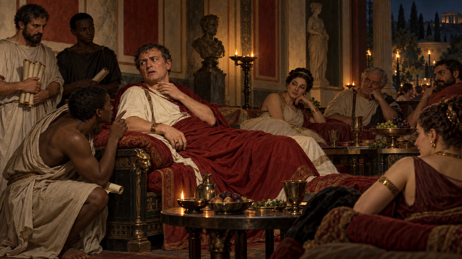 A vertical 4:5 cinematic realistic oil painting of a wealthy but uneasy Roman host reclining at a dinner couch while eleven plainly dressed enslaved literary reciters stand nearby in small groups, one quietly prompting him as he loses a quotation before attentive guests, scroll cases and unlettered papyrus rolls around the room, lamplight, historically plausible early imperial interior, no readable text, letters, numerals, emblems, signatures or watermark.