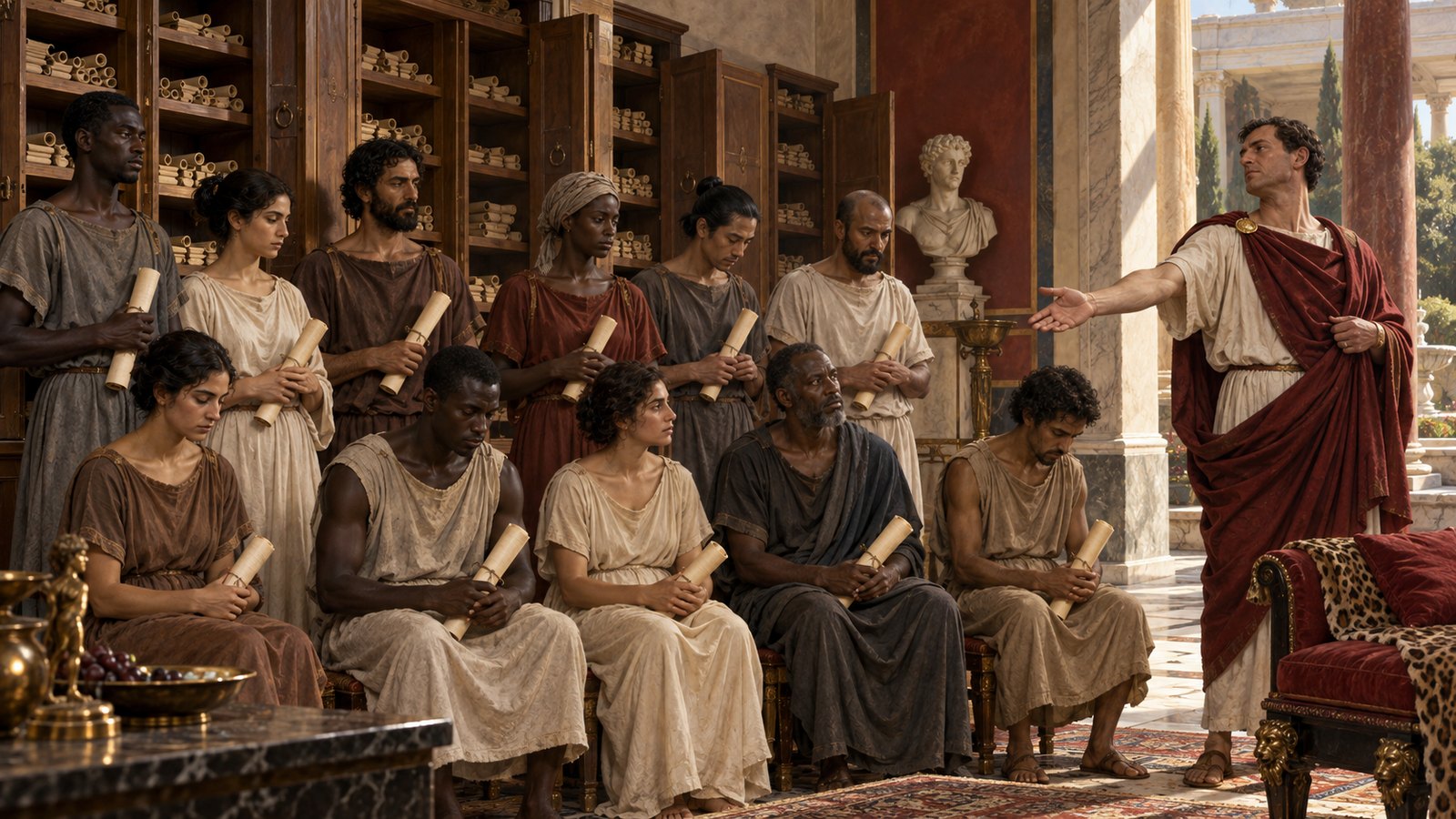 A wide 16:9 cinematic realistic oil painting inside an early imperial Roman dining room, a nervous host pauses halfway through a recitation while one enslaved scholar at the foot of his couch discreetly supplies the next line and other specialized reciters wait beside plain unlettered scrolls, guests exchange restrained looks, warm lamplight and deep red textiles, no readable text, letters, numerals, logos, signatures or watermark.