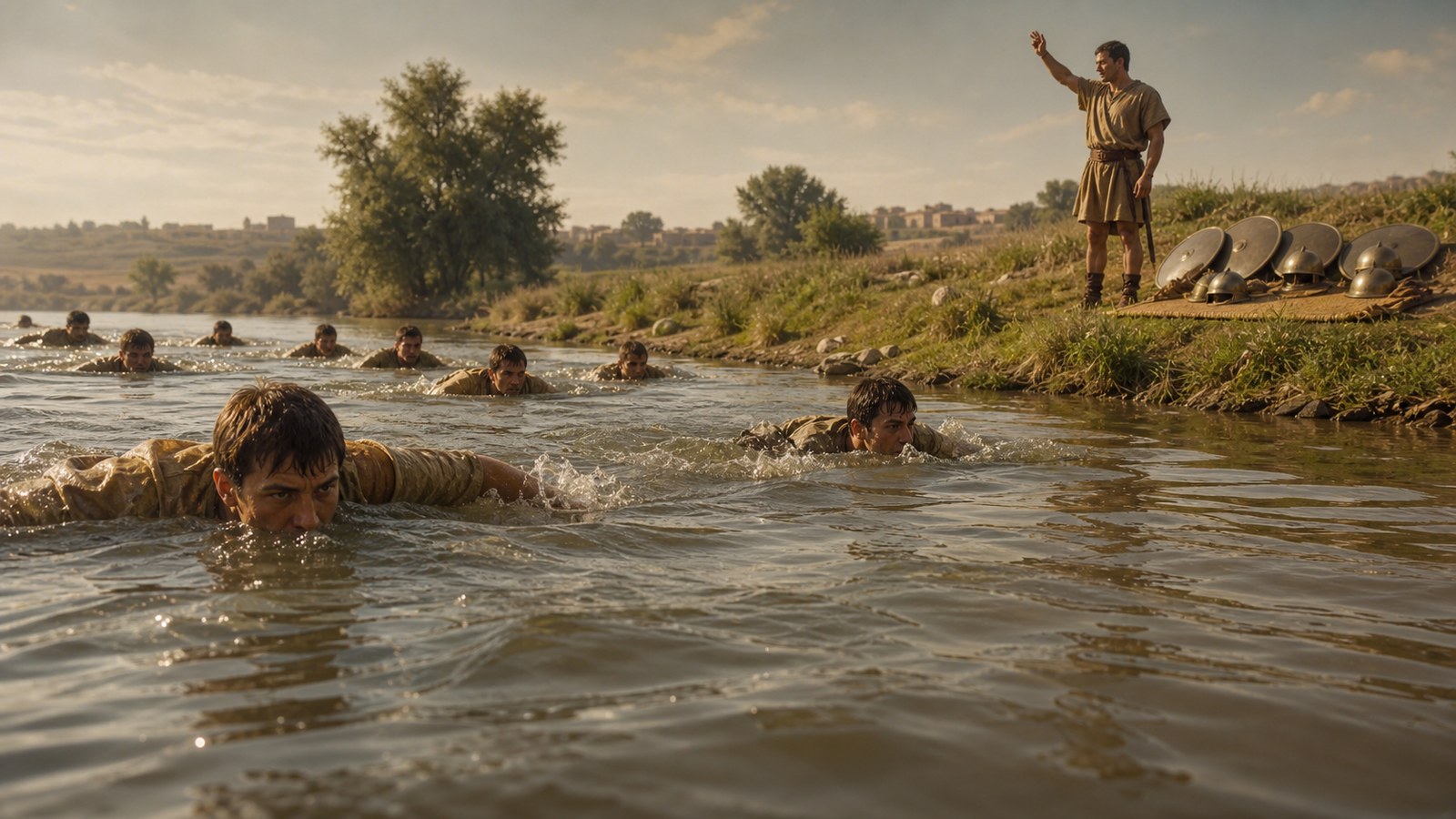 A vertical 4:5 cinematic realistic oil-painting of a late Roman instructor supervising recruits swimming in the Tiber beside the Campus Martius, plain shields and helmets resting on a blank reed mat and one horse led through distant shallows, historically plausible, no text, letters, numerals, inscriptions, emblems, logos, watermark or signature.