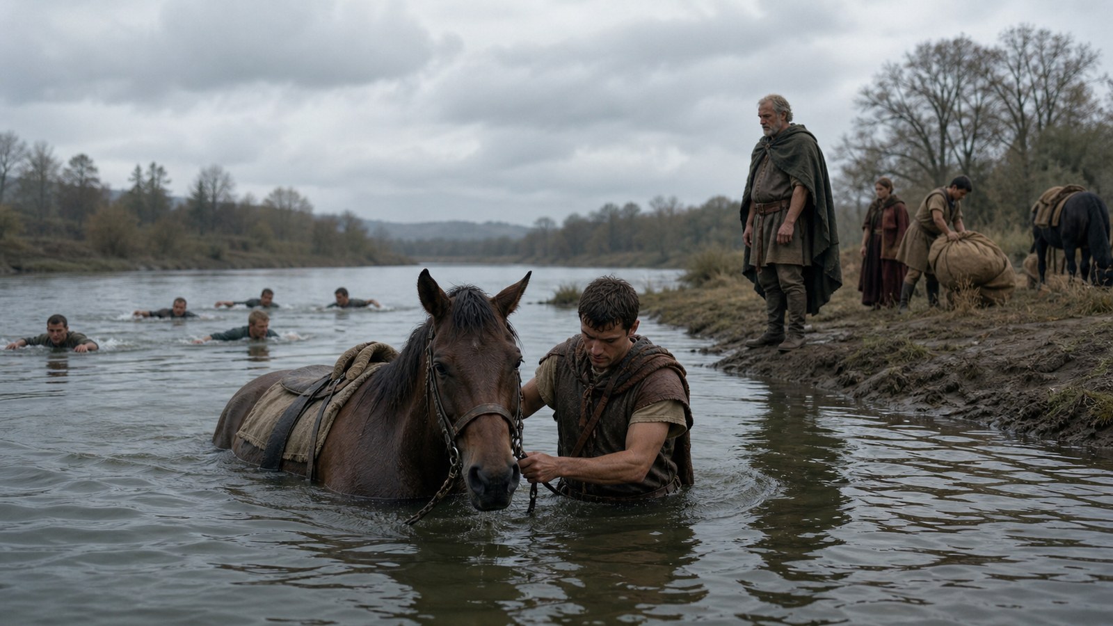 A wide 16:9 cinematic realistic oil-painting of late Roman recruits practicing a river crossing by swimming beside a signaling instructor and plain equipment laid on a blank bank, warm summer light, historically plausible, no text, letters, numerals, inscriptions, emblems, logos, watermark or signature.