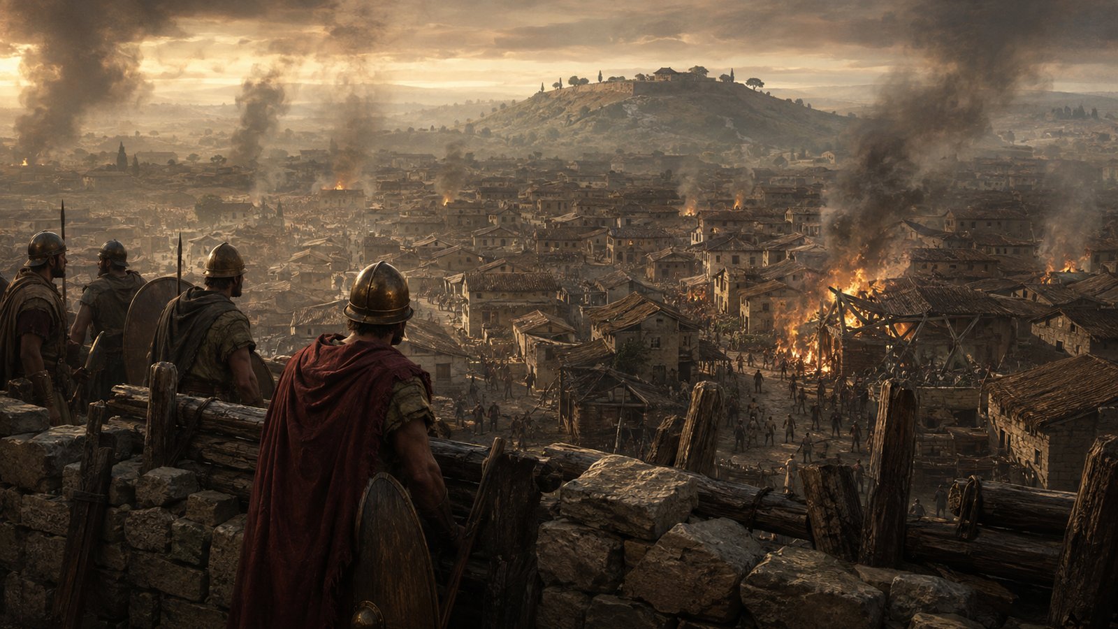 A vertical 4:5 cinematic realistic oil painting of young Gaius Fabius Dorso walking calmly from the fortified Capitoline through a tense occupied Roman street, toga arranged in the Gabine ritual cincture and plain sacred vessels held visibly in both hands, Gallic warriors standing aside in astonishment, smoke and damaged masonry in the distance, historically plausible fourth-century-BC setting, no combat, no readable text, standards, emblems, signatures or watermark.