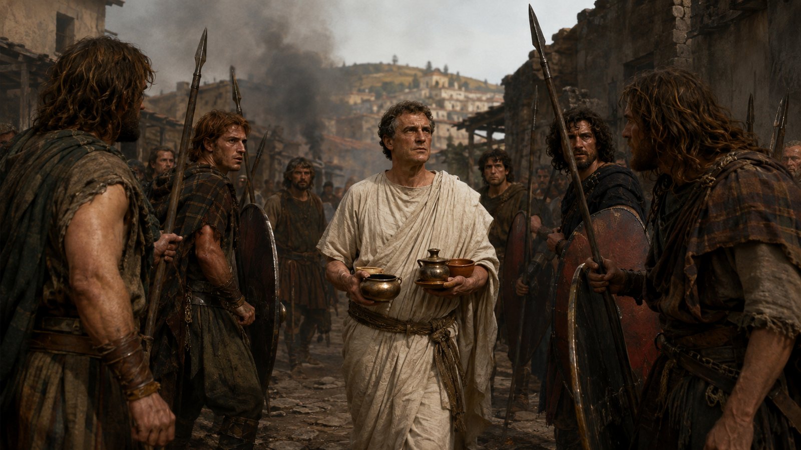 A wide 16:9 cinematic realistic oil painting viewed from the Capitoline during the Gallic occupation of Rome, armed Roman defenders behind rough stone defenses watching smoke, flames and collapsing roofs across the lower city, the Quirinal visible beyond, early morning haze, historically plausible fourth-century-BC Rome, no readable text, standards, emblems, signatures or watermark.