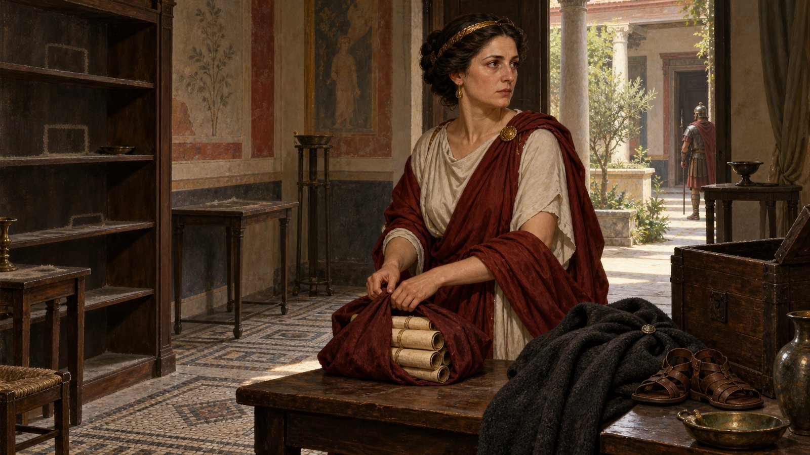 A wide 16:9 cinematic realistic oil painting of Fannia standing before stern Roman accusers in a marble chamber, answering calmly while an official points toward several closed unlettered scrolls on a low table, restrained witnesses and senators in the background, her posture steady rather than theatrical, deep red, aged cream and charcoal palette, no readable text, letters, numerals, insignia, signatures or watermark.