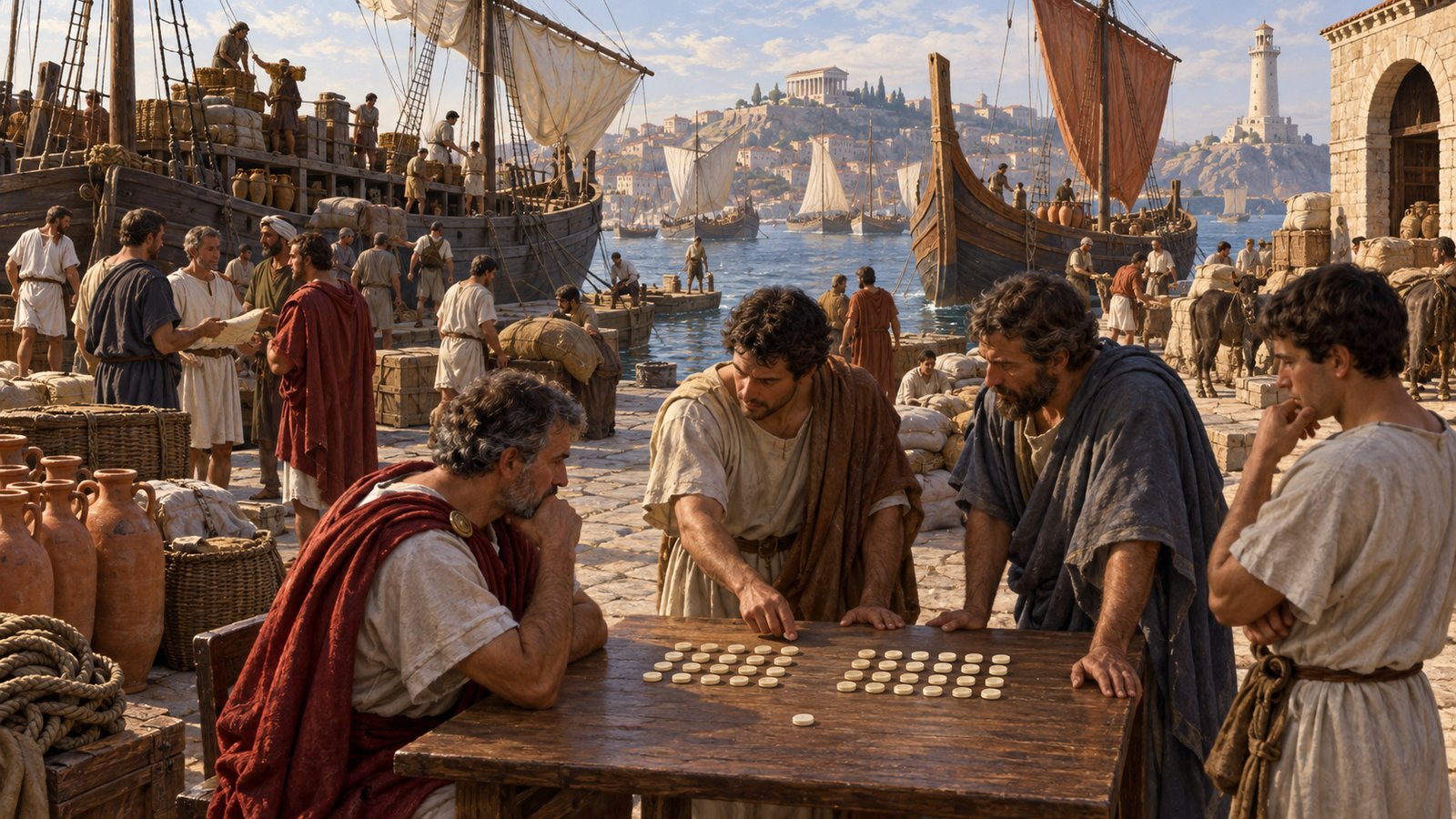 Plutarch’s numbers matter: fifty partners and fifty ships turned a single voyage risk into a pooled exposure.