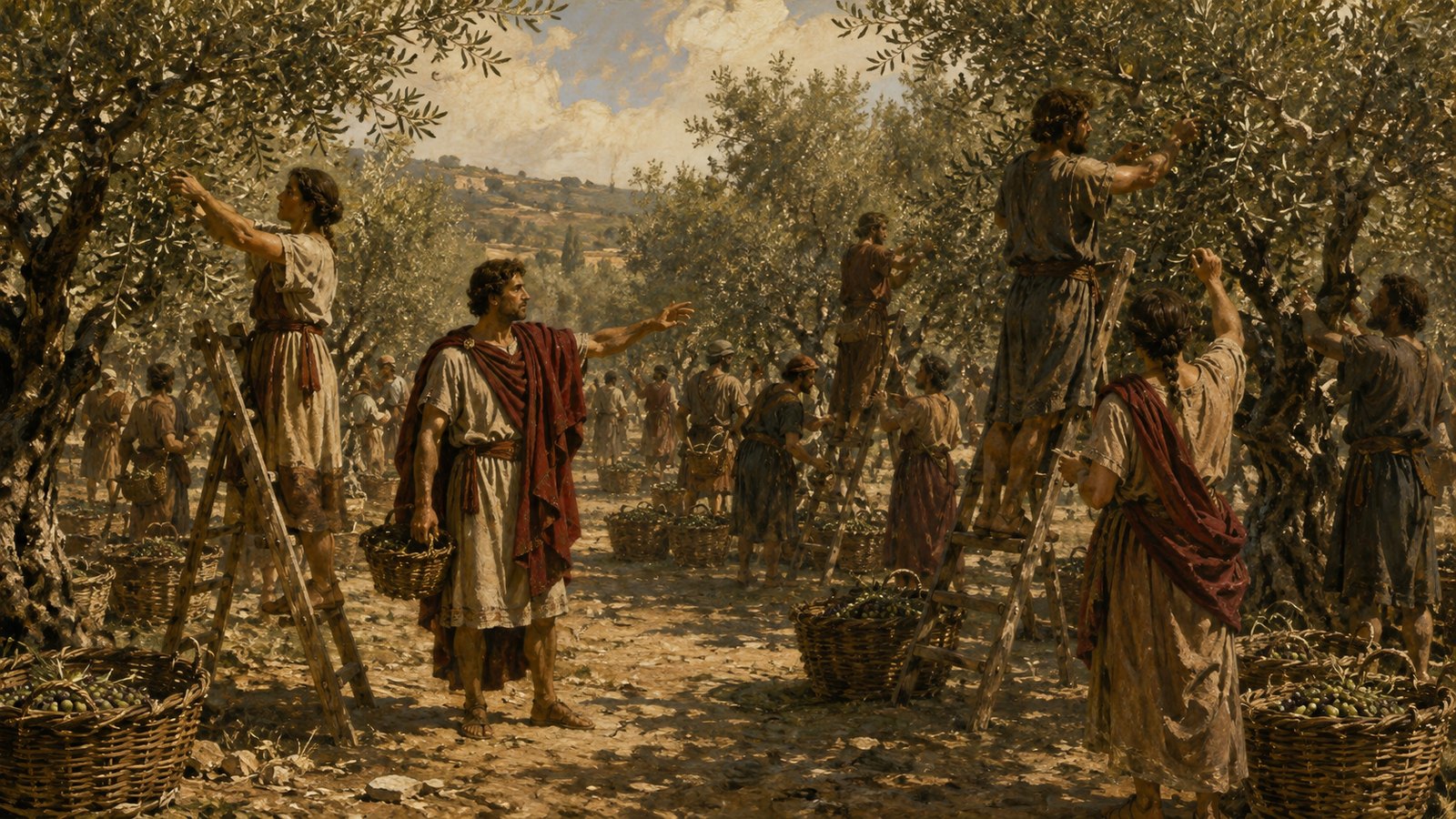 A vertical 4:5 cinematic realistic oil-painting of a Roman olive harvest contract in action: workers with wicker baskets beneath olive trees, a generic farm representative counting clean olives beside wooden measures and ladders, fifty-worker scale suggested by layered figures, historically plausible clothing and tools, blank surfaces, no text, letters, numerals, logos or watermark.