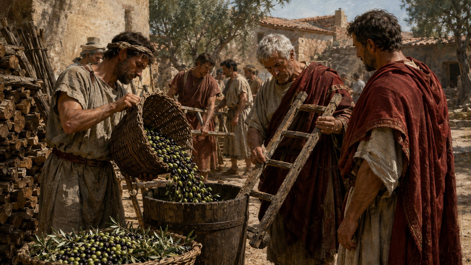 A wide 16:9 historically plausible Roman olive grove during careful hand picking: mixed crew working from wooden ladders while a stern generic representative directs when branches may be touched, baskets kept orderly beneath silver-green trees, warm autumn light, no text, inscriptions, logos or watermark.