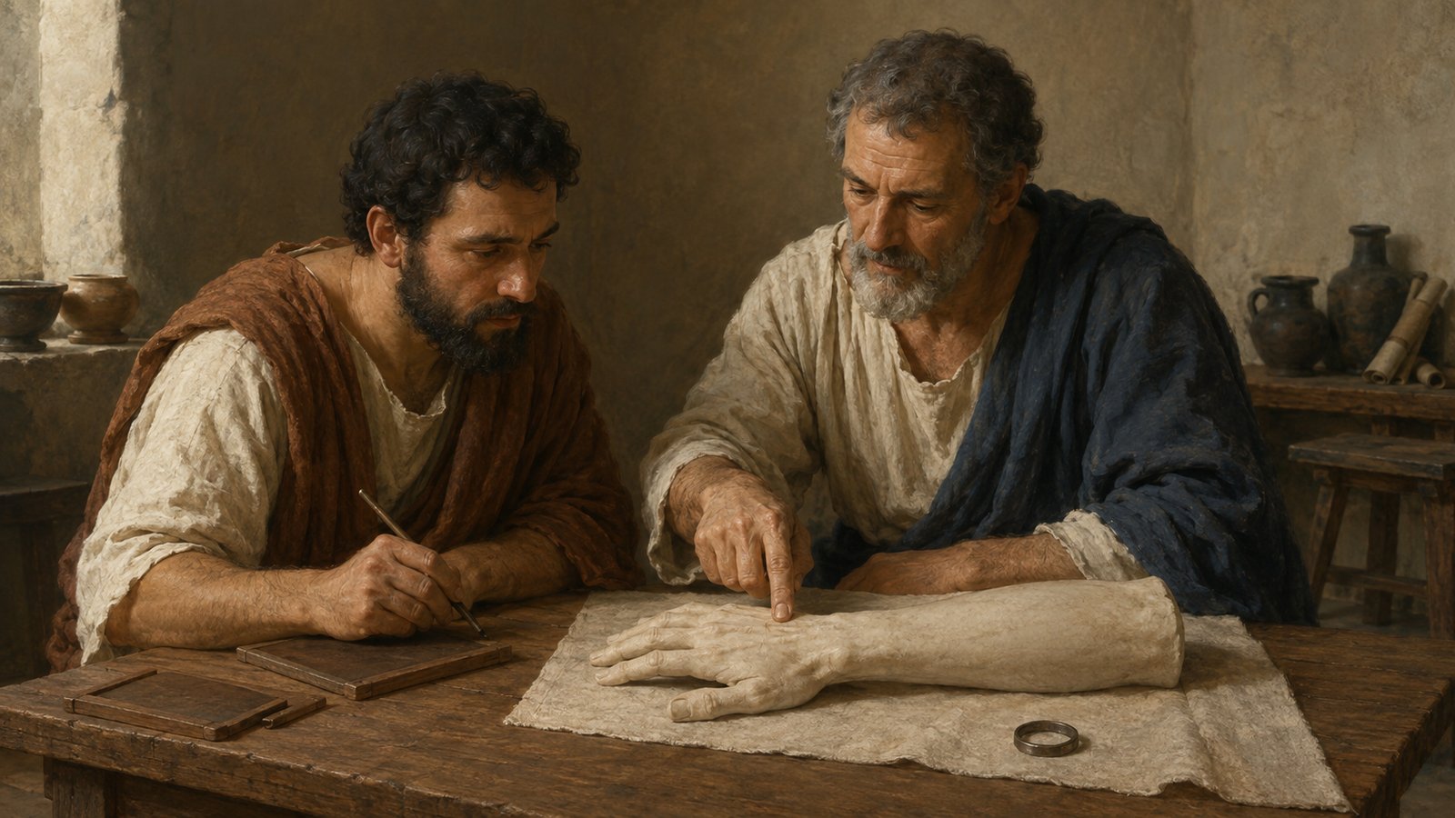 A wide 16:9 cinematic realistic oil-painting of an ancient Mediterranean ring workshop, a craftsperson fitting a simple iron ring to the fourth finger of a customer’s left hand while unfinished rings, carving tools and blank wax seals lie on a wooden bench, restrained earth tones, no readable text, letters, numerals, logos, signatures or watermark.