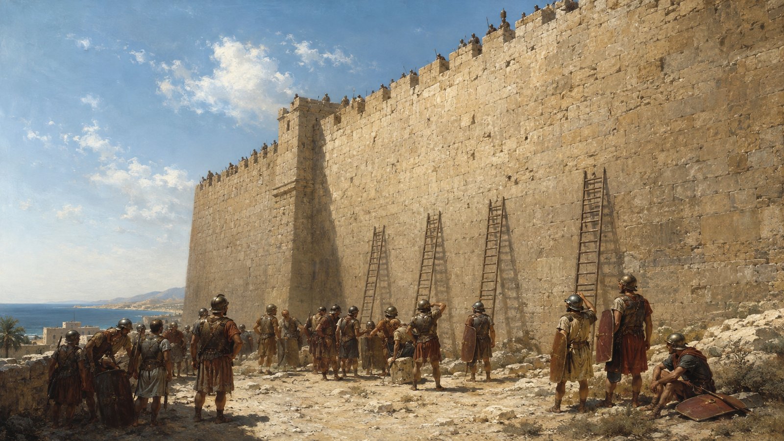 A vertical 4:5 cinematic realistic oil painting of five hundred Roman infantry represented by a compact foreground group and distant ranks wading knee-deep through a broad tidal lagoon toward the undefended rear wall of ancient New Carthage, generic red-brown shields and helmets without emblems, midday wind pushing ripples seaward, no gore, no readable text, standards, crests, logos, signatures or watermark.