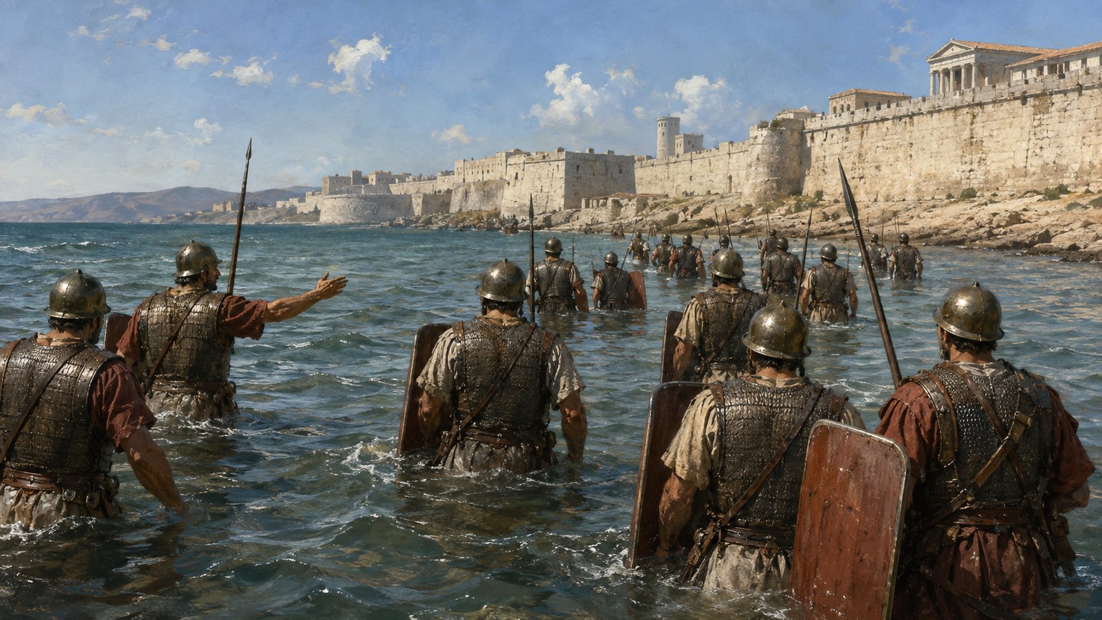 A wide 16:9 cinematic realistic oil painting of a failed Roman escalade at New Carthage, ladders visibly too short against a very high stone wall while exhausted generic soldiers regroup under shields, no impacts or gore, Mediterranean midday light, historically plausible equipment without emblems, no readable text, standards, logos, signatures or watermark.
