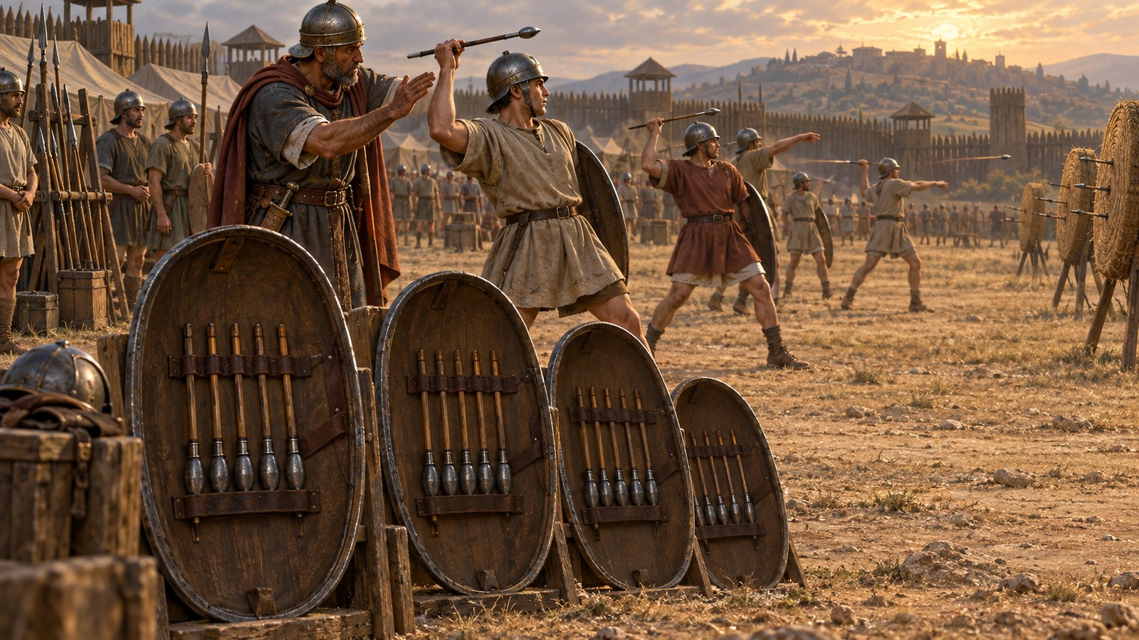 Vegetius places five compact lead-weighted darts on the inside of each shield.