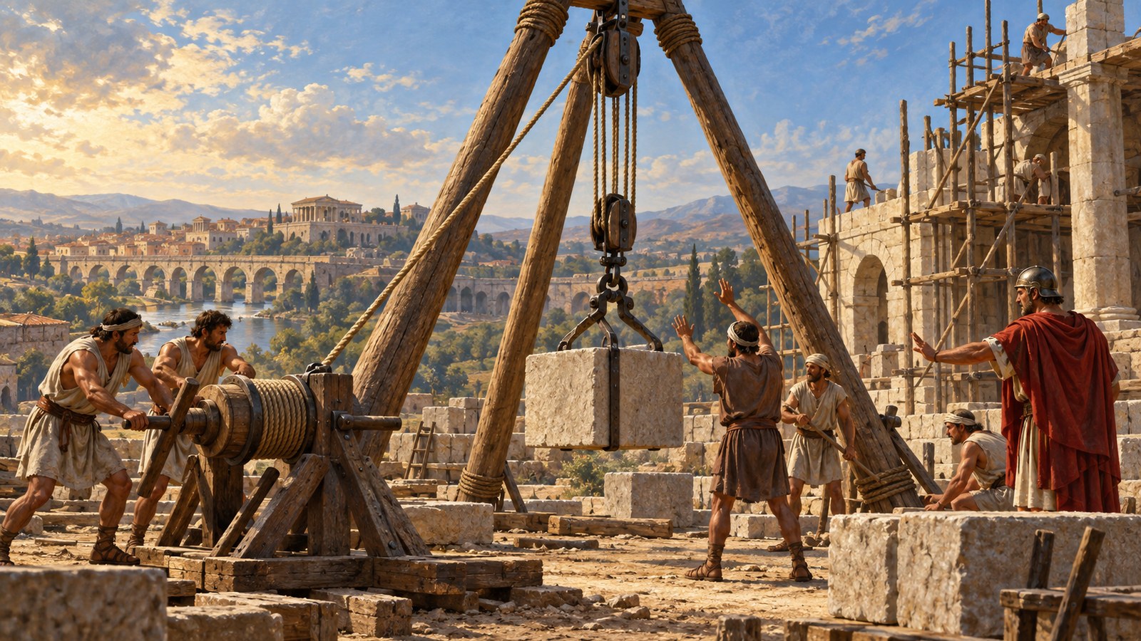 A splayed timber frame, anchored guys and repeated rope runs turned pulling force into a controlled vertical lift.
