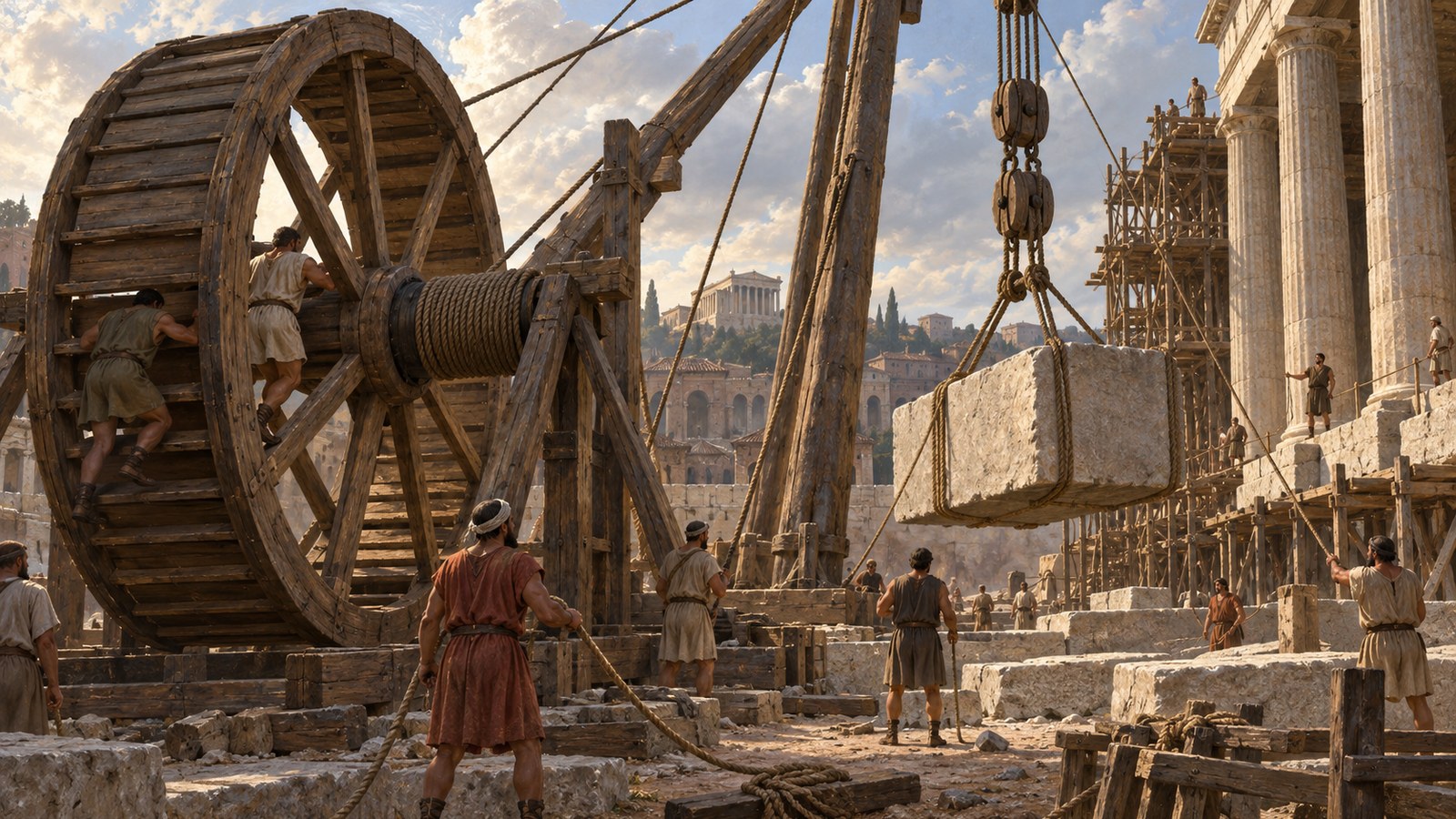 For the heaviest loads, workers inside a large drum-wheel supplied more effective rotary power than a capstan.