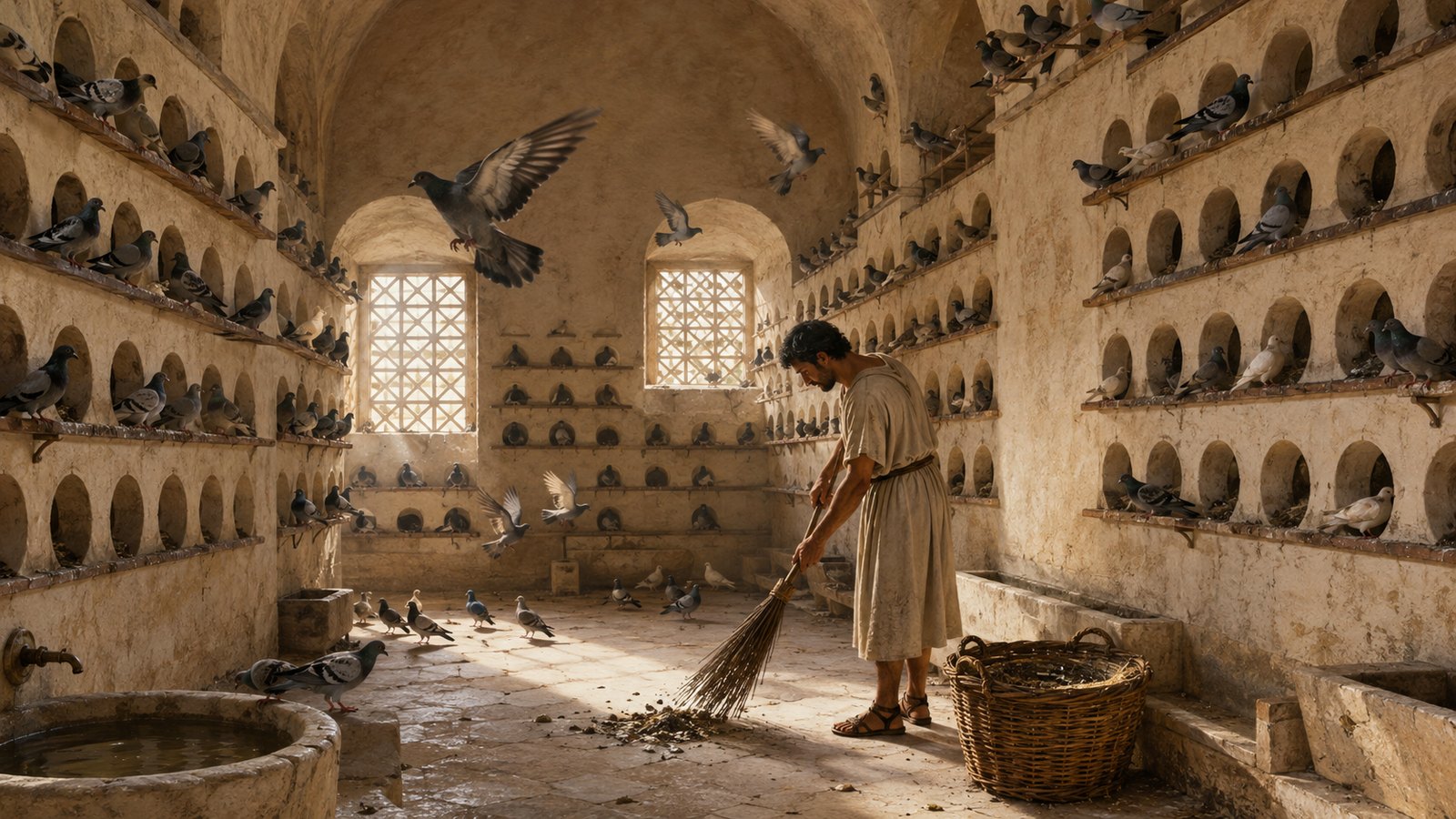 A vertical 4:5 cinematic realistic oil-painting cutaway of a large Roman pigeon tower alive with many generic rock and domestic pigeons, vaulted roof, rows of round nest openings, smooth pale plaster, a keeper with broom and grain trough, no cruelty shown, no text, letters, numerals, logos or watermark.