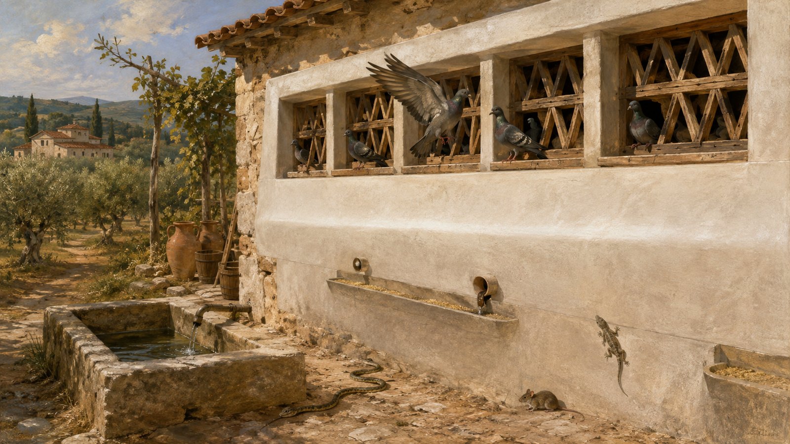 A wide 16:9 historically plausible interior of a Roman peristeron: high vaulted chamber, orderly rows of round pigeon nests from floor to roof, narrow ledge beneath each row, soft daylight through double-latticed windows, keeper sweeping fertilizer into a basket, no text, inscriptions, logos or watermark.