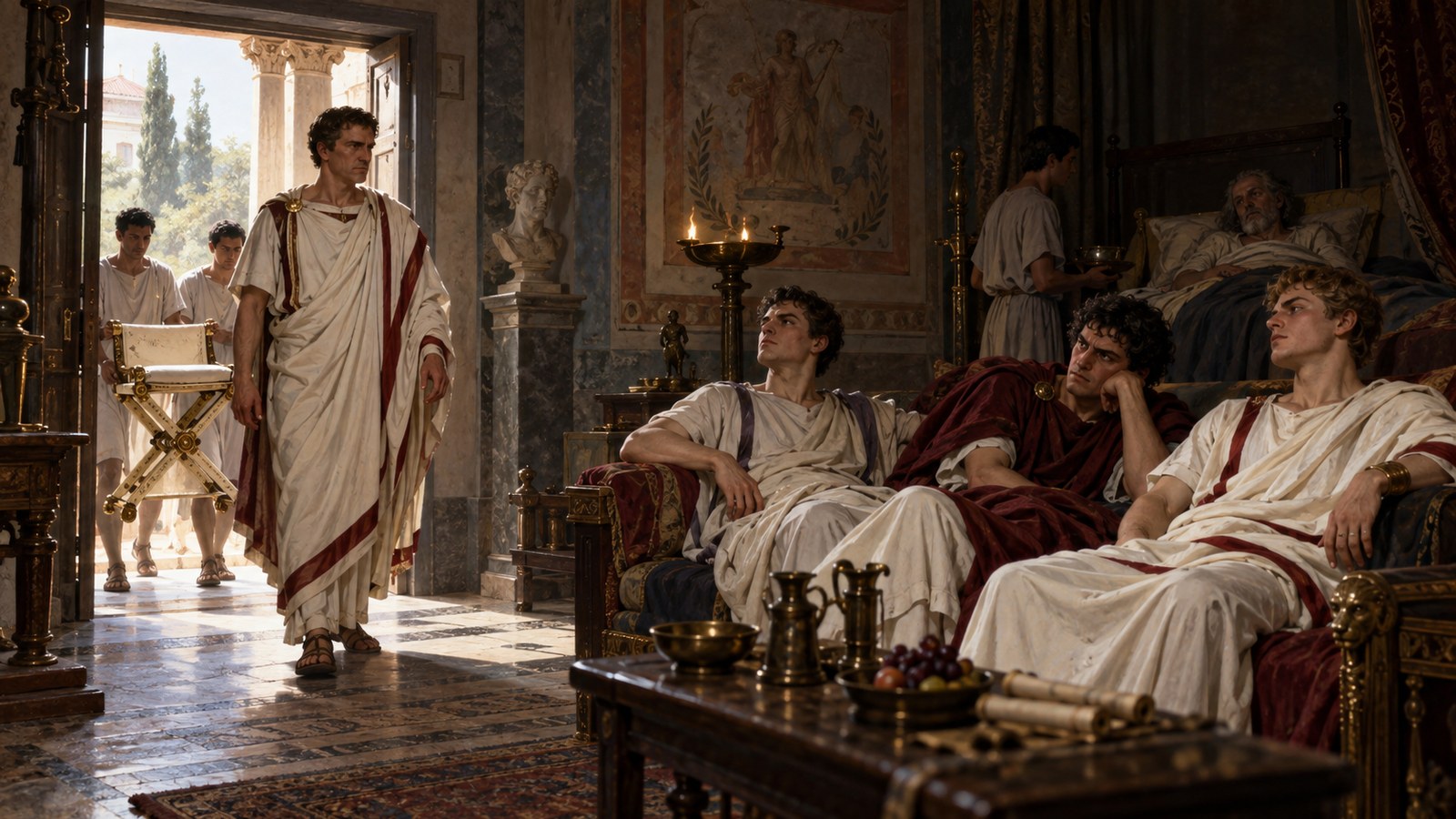 A wide 16:9 cinematic realistic oil painting of a Roman tribal election where Gnaeus Flavius lays aside blank wax tablets before a presiding magistrate as citizens signal that they have elected him curule aedile, professional scribal tools visible but no readable marks, civic tension, no text, letters, numerals, insignia, signatures or watermark.