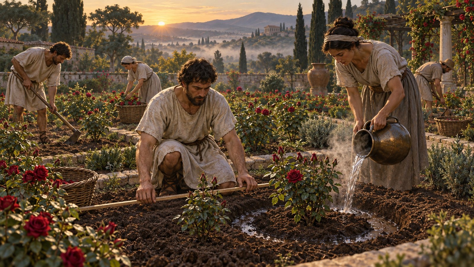 A vertical 4:5 cinematic realistic oil painting in a Roman garden at dawn, an ancient gardener kneels beside a rose bush whose roots sit inside a carefully opened circular trench one Roman foot wide, pouring steaming warm water from a plain bronze jug while tight red buds begin to open, baskets for a flower market nearby, historically plausible tools and clothing, rich earth and cool spring mist, no readable text, letters, numerals, emblems, signatures or watermark.