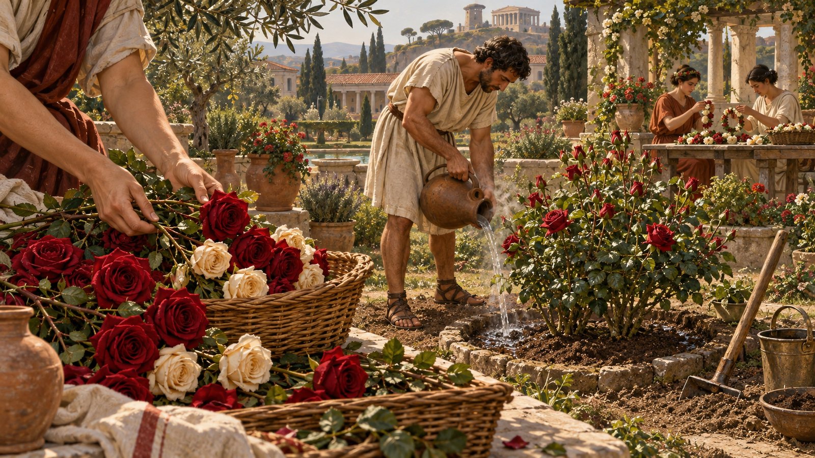 A wide 16:9 cinematic realistic oil painting of several Roman horticultural workers tending ordered rose beds outside a Campanian villa, bushes spaced evenly while one worker measures the interval with a plain wooden rod and another pours warm water into a broad ring cut around budding roots, early morning, clear physical process, no readable text, letters, numerals, signs, emblems, signatures or watermark.