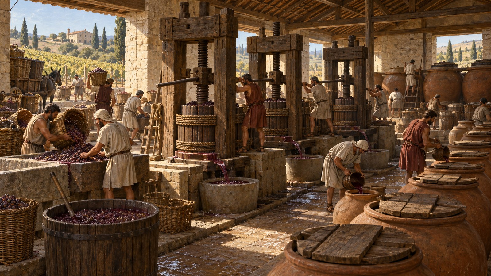 Presses, vats, strainers and storage were sized as one chain; capacity at only one stage could not carry the vintage.