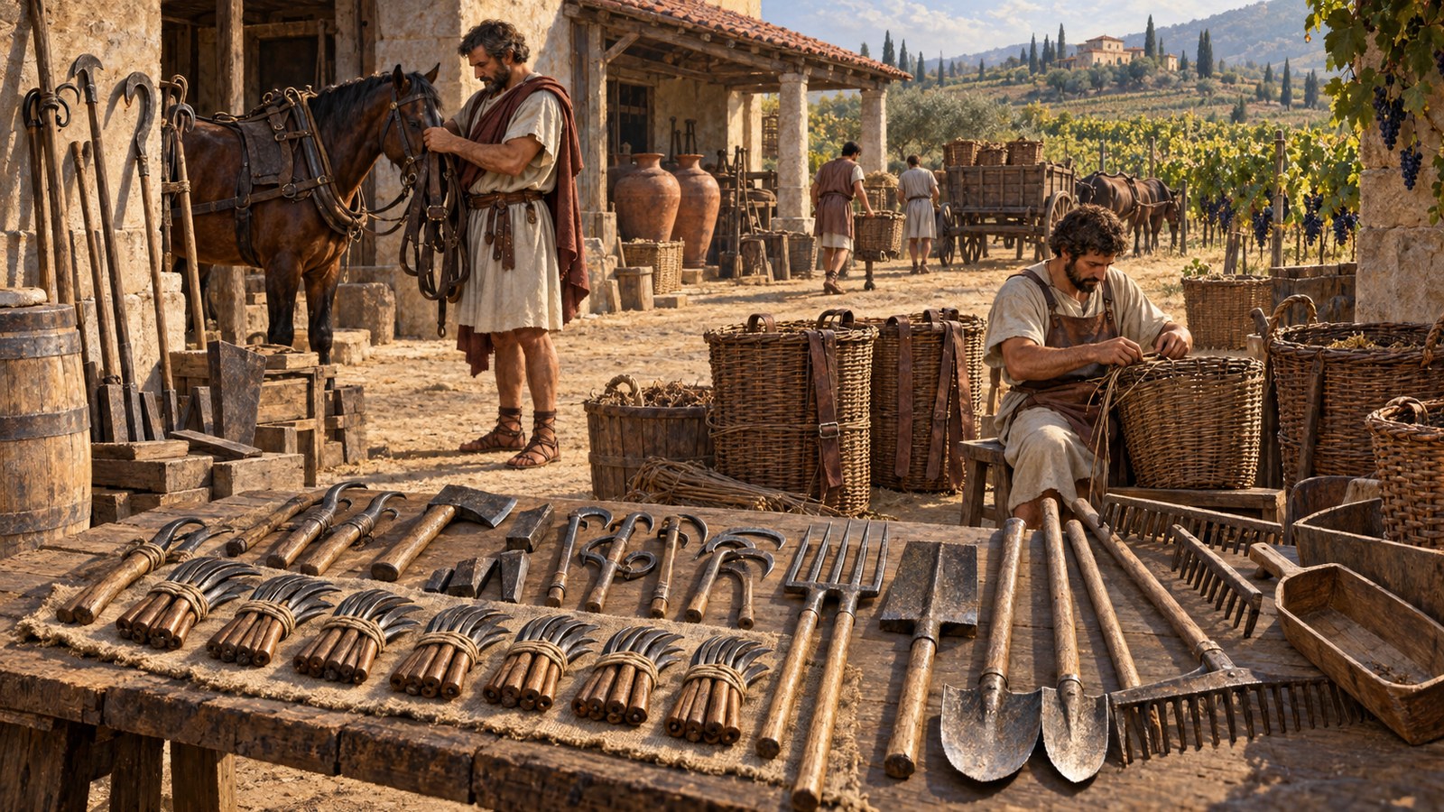 The large number of grape knives, baskets and scoops reveals where many hands had to work at once during harvest.